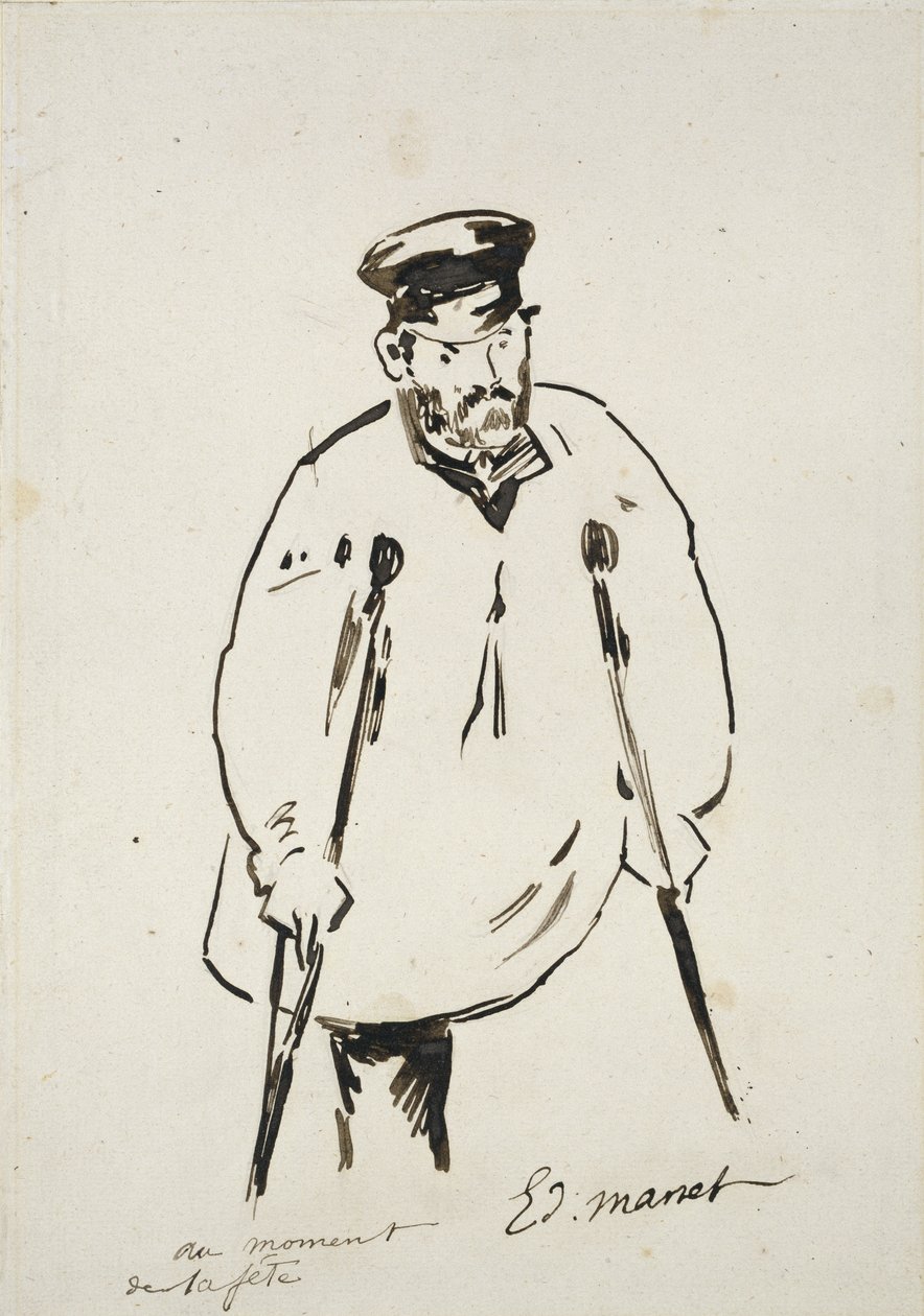 Man on Crutches (grafitowy z piórem trzcinowym i czarnym tuszem na drobnoziarnistym białym papierze) autorstwa Édouard Manet