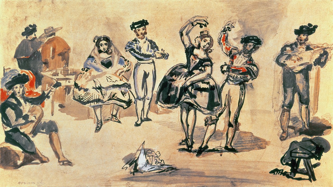 Hiszpańscy tancerze, 1862 (toaleta, ołówek i atrament) autorstwa Édouard Manet