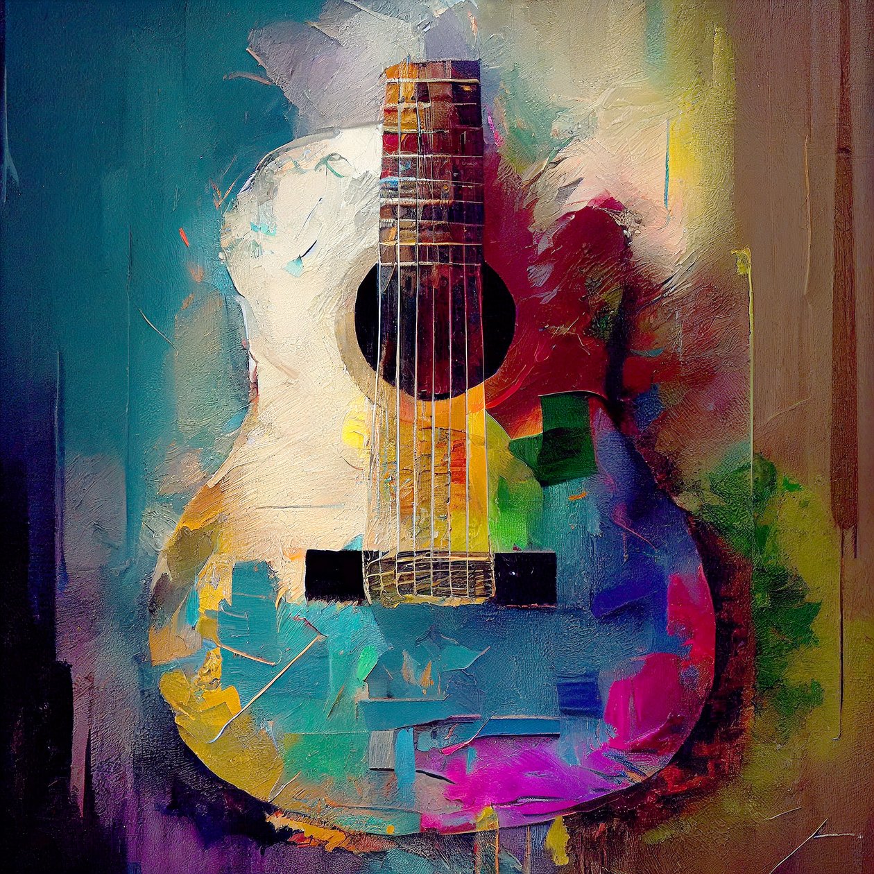 Gitara elektryczna rockowa, instrument muzyczny w ciepłych kolorach, sztuka ścienna | Obrazy na płótnie autorstwa F. Abderrahim