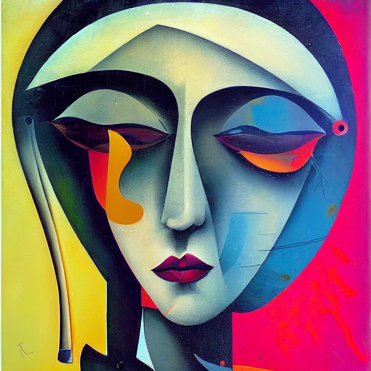 Smutna twarz kobiety w abstrakcyjnym malarstwie figuratywnym, Wall Art | Obrazy na płótnie autorstwa F. Abderrahim
