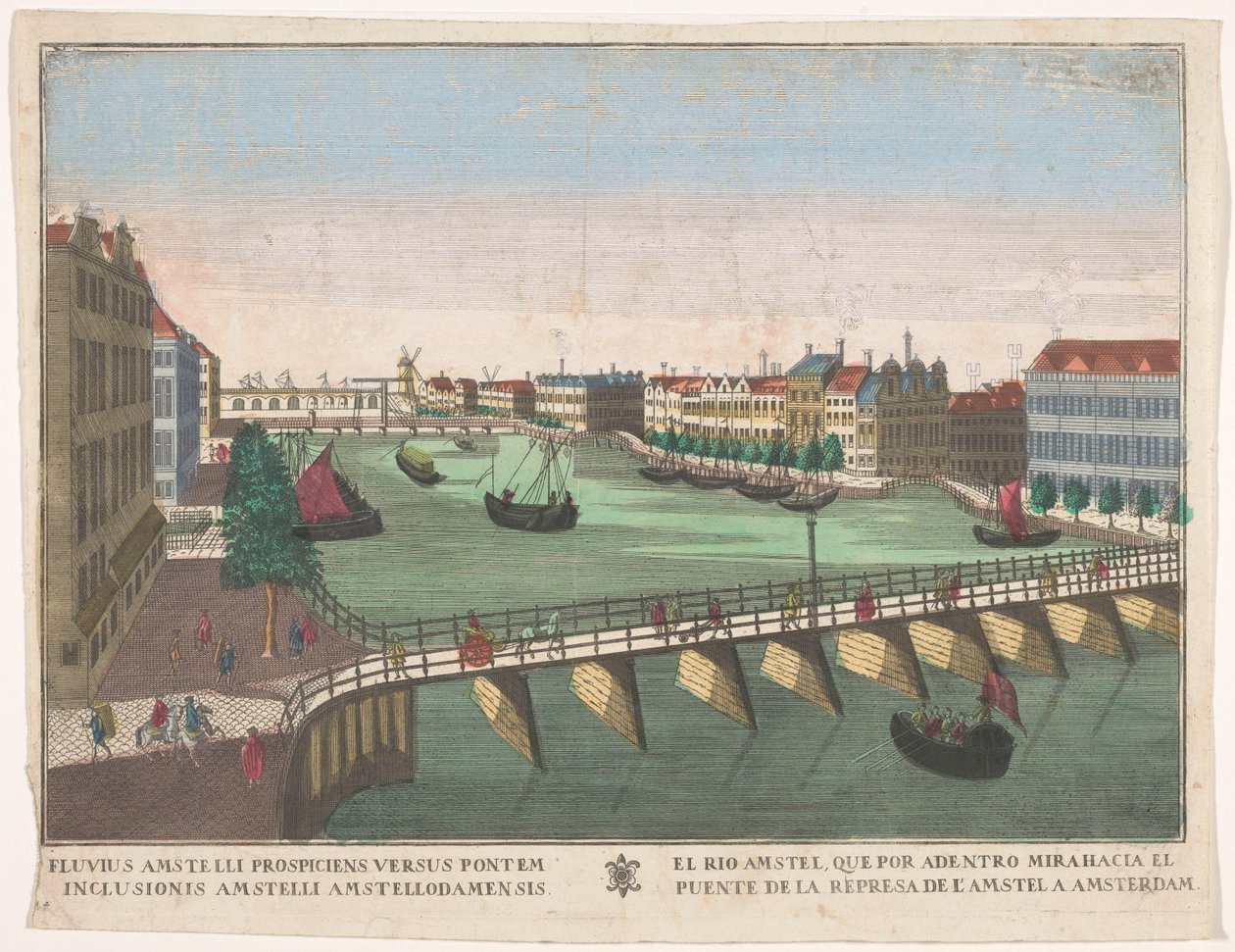 Widok na Binnen-Amstel między Blauwbrug i Hogesluis w Amsterdamie El rio Amstel, que por adentro mirahacia el puente de la represa de l
