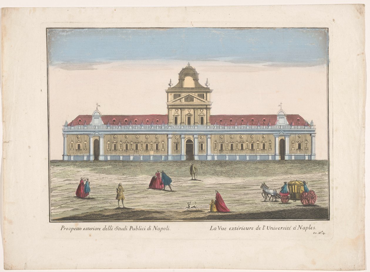 Widok Uniwersytetu w Neapolu Prospetto esteriore degli Studi Publici di Napoli (tytuł na obiekcie) autorstwa familie Remondini (attributed to)