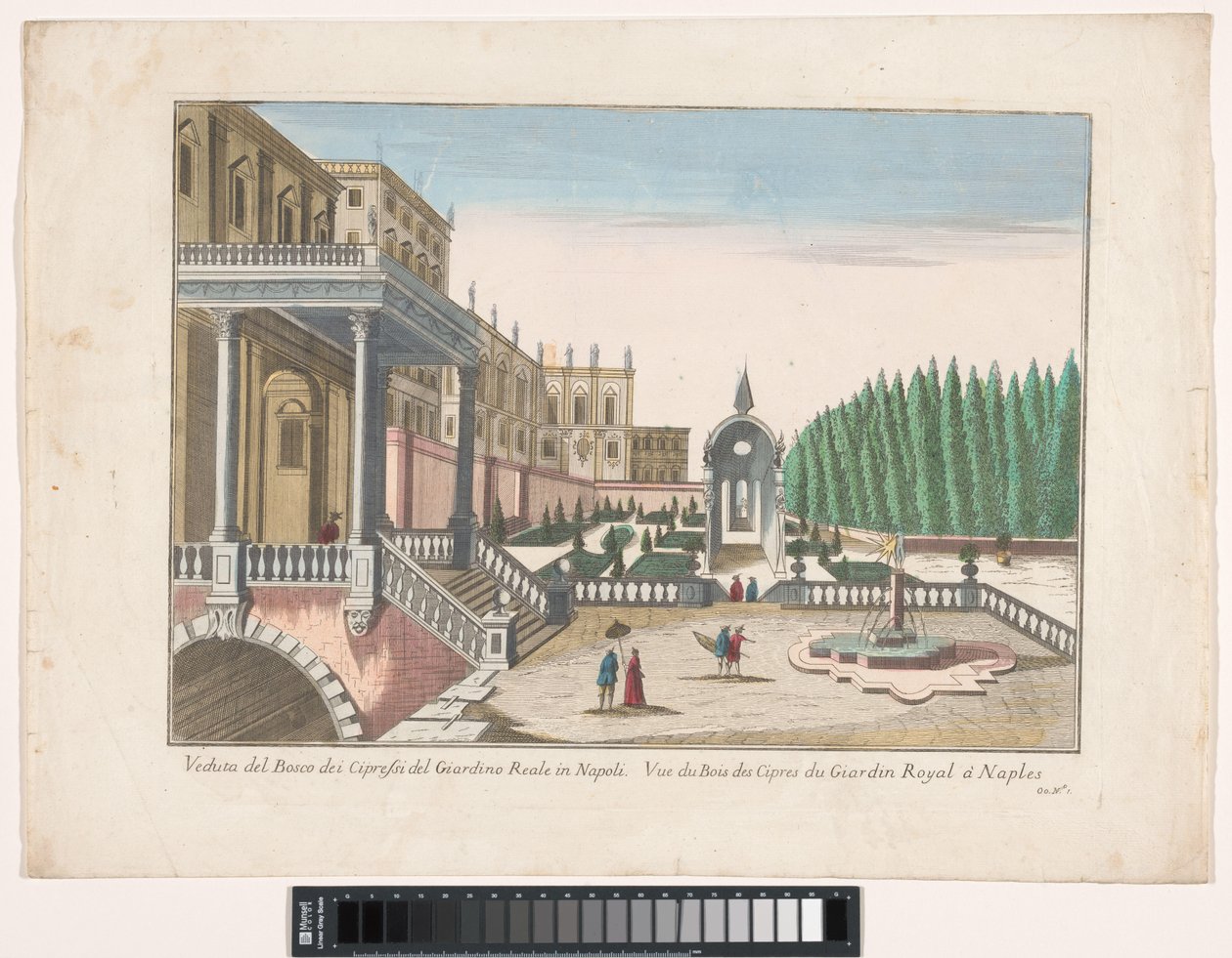 Widok na ogród i pałac królewski w Neapolu Veduta del bosco dei cypressi del giardino reale w Neapolu (tytuł na obiekcie) autorstwa familie Remondini (attributed to)