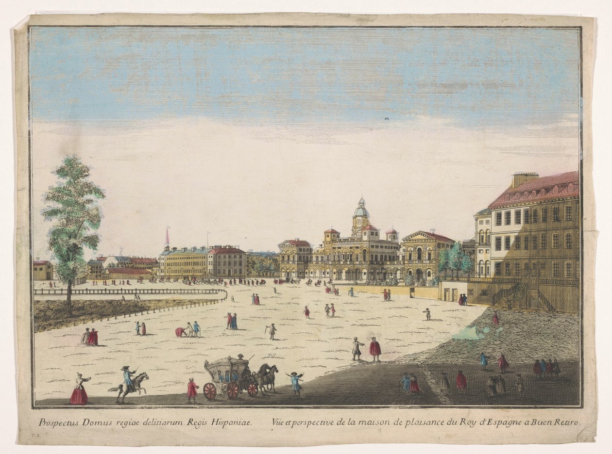 Gezicht op het Buen Retiro Palace w Madrycie Vüe ​​et perspective de la maison de plaisance du roy d