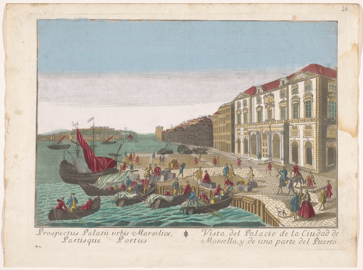 Gezicht op het Stadhuis en de haven te Marseille Widok na Pałac Miejski w Marsylii i część portu (tytuł na obiekcie) autorstwa familie Remondini (attributed to)