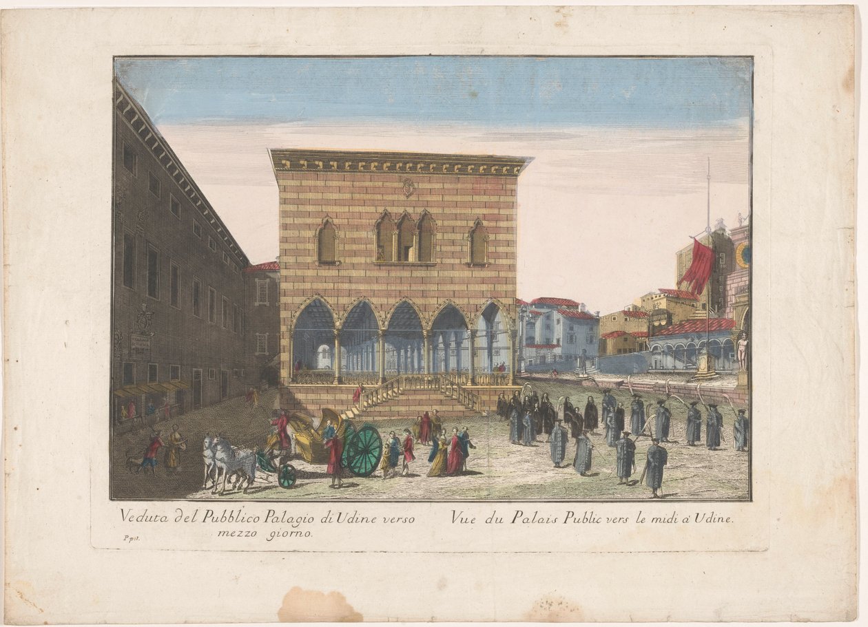 Gezicht op het Stadhuis te Udine Widok na publiczny Palagio w Udine w kierunku południa (tytuł na obiekcie) autorstwa familie Remondini (attributed to)