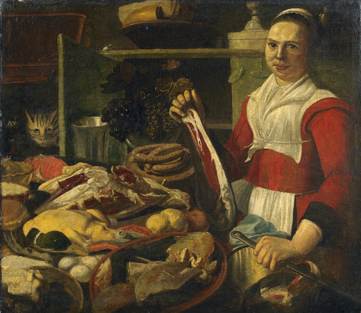 Duża martwa kuchnia autorstwa follower of Pieter Corneliusz. van Rijck