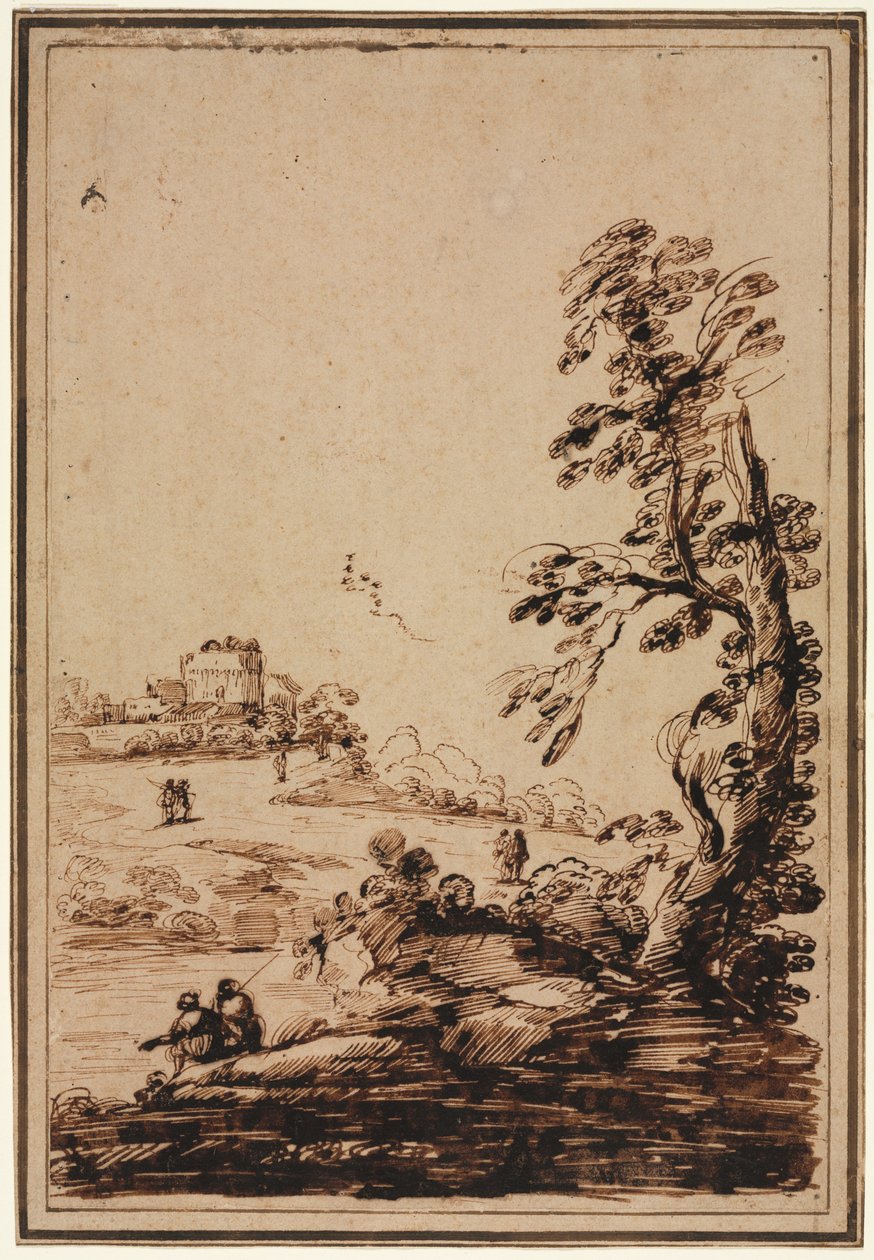 Krajobraz z małą grupą budynków autorstwa imitator of Guercino