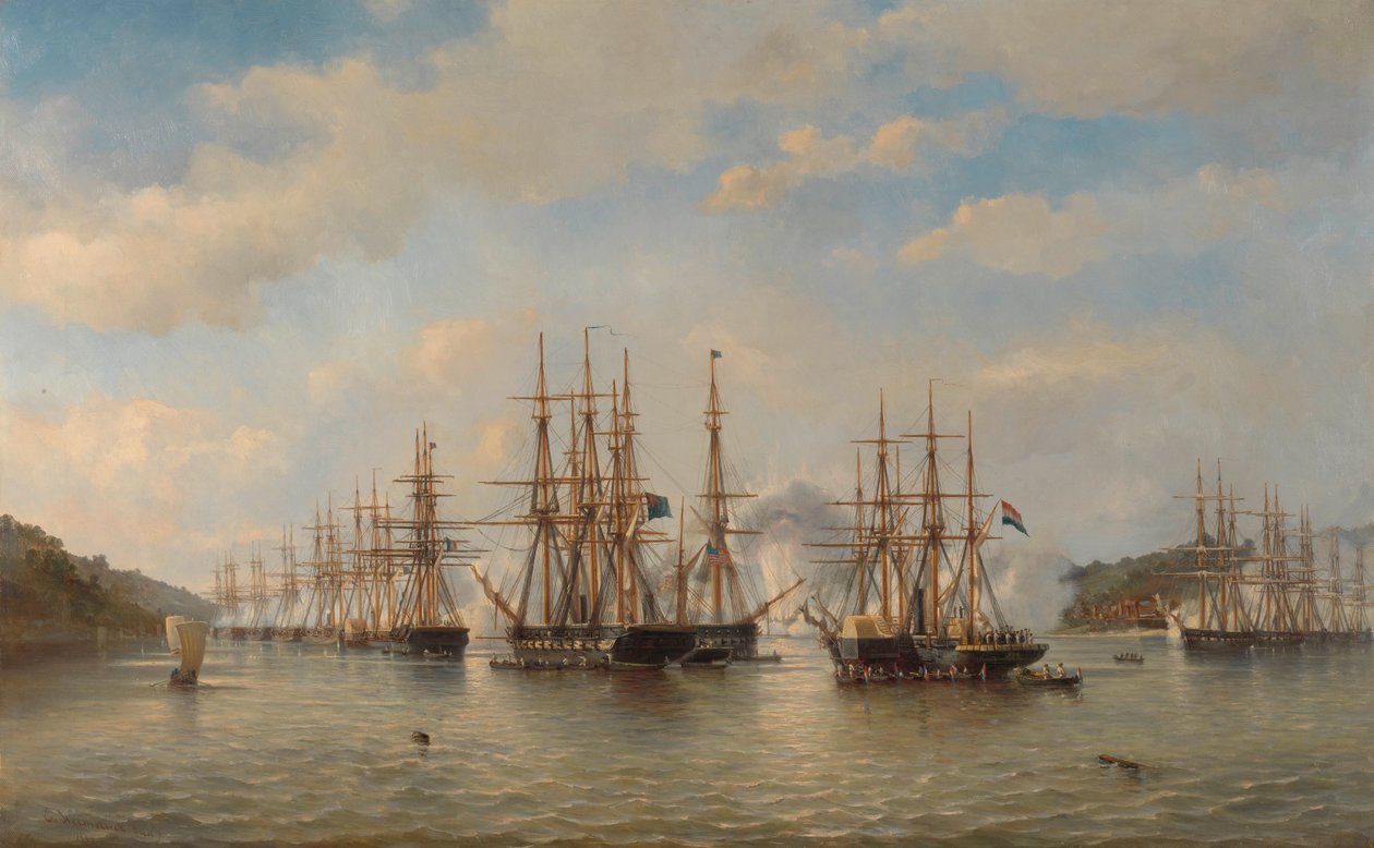 Dywizjony holenderskie, angielskie, francuskie i amerykańskie na wodach japońskich podczas wyprawy dowodzonej przez francuskiego dowódcę Constanta Jaurèsa, wrzesień 1864 autorstwa jonkheer Jacob Eduard van Heemskerck