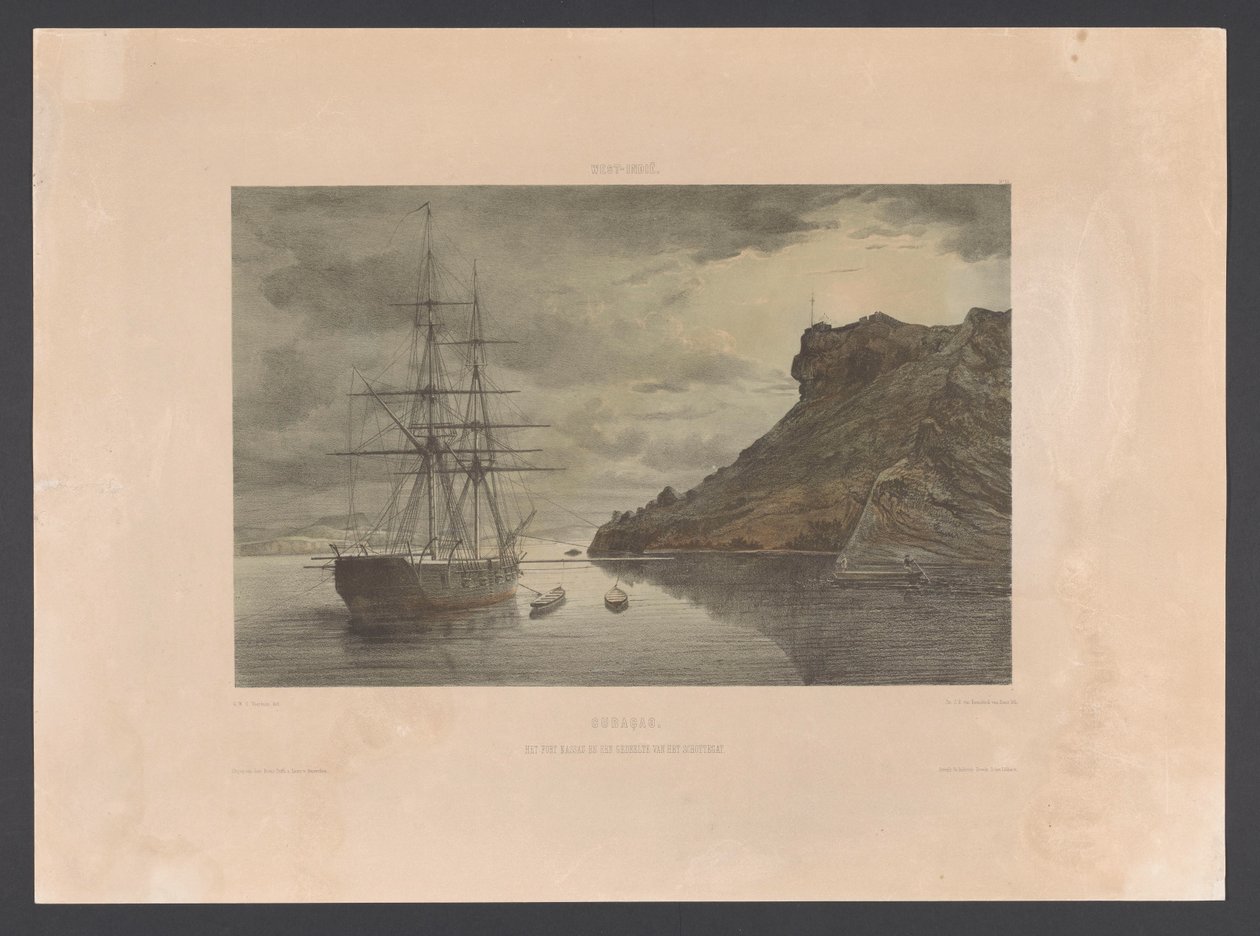 Fort Nassau i Schottegat Curaçao. Fort Nassau i część Schottegat (tytuł na obiekcie) Indie Zachodnie (tytuł serii na obiekcie) Widoki z holenderskich Indii Zachodnich (tytuł serii) autorstwa jonkheer Jacob Eduard van Heemskerck