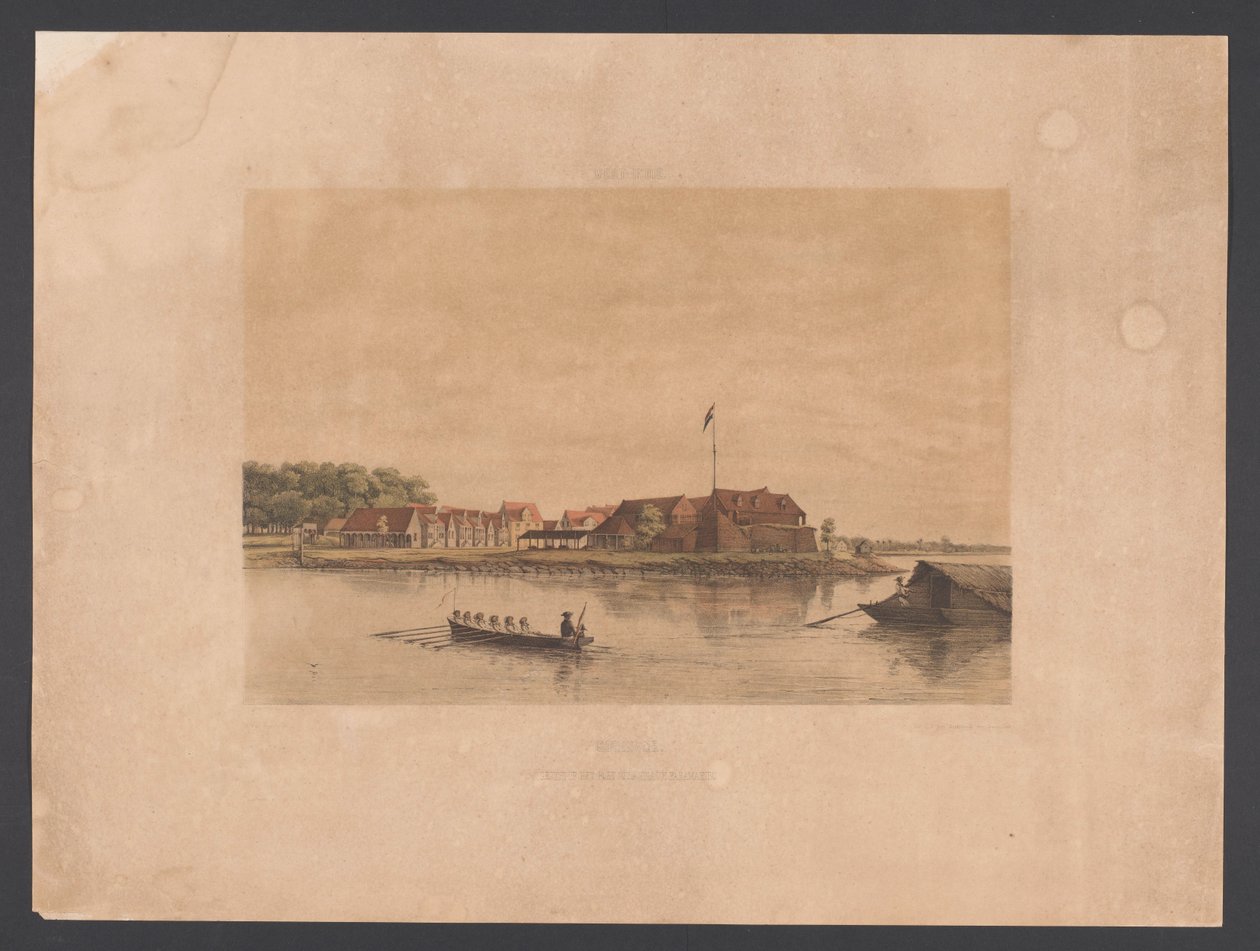 Fort Zeelandia w Paramaribo Surinam. Widok na Fort Zelandia w Paramaribo (tytuł na obiekcie) Indie Zachodnie (tytuł serii na obiekcie) Widoki z holenderskich Indii Zachodnich (tytuł serii) autorstwa jonkheer Jacob Eduard van Heemskerck