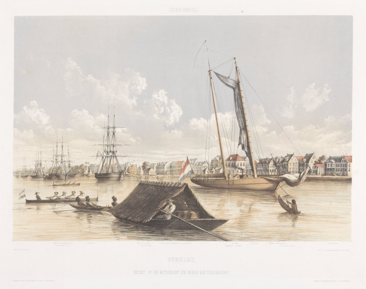 Widok na nabrzeże i redę Paramaribo Widoki z holenderskich Indii Zachodnich (tytuł serii) autorstwa jonkheer Jacob Eduard van Heemskerck
