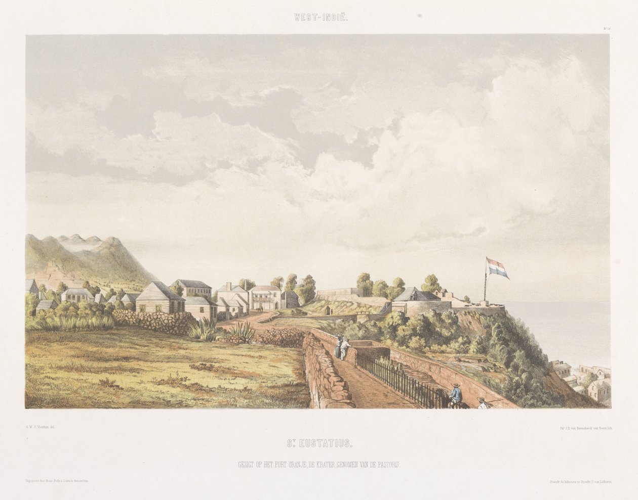 Widok na Fort Oranje i De Krater na św. Eustatius Widoki z holenderskich Indii Zachodnich (tytuł serii) autorstwa jonkheer Jacob Eduard van Heemskerck