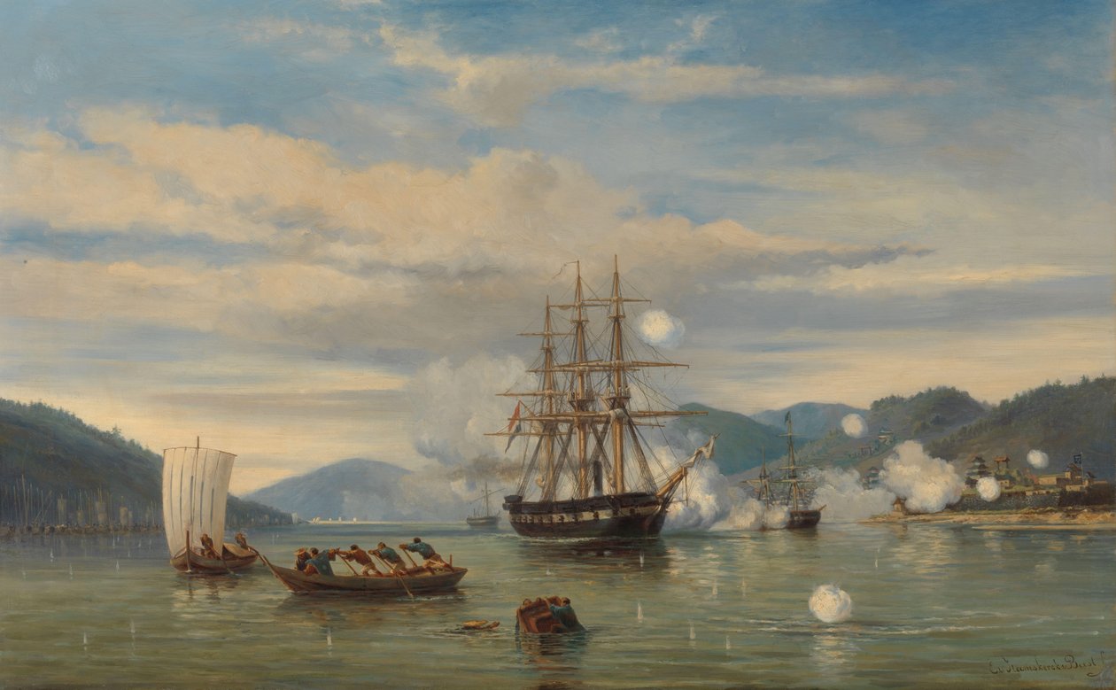 HMS Pancernik z napędem parowym Medusa otwiera cieśninę Shimonoseki HMS „Medusa” forsowanie przejścia przez cieśninę Shimonoseki między Kiusiu i Honsiu, wrzesień 1864 autorstwa jonkheer Jacob Eduard van Heemskerck