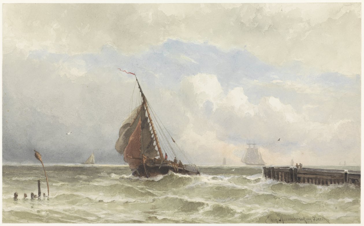 Port Vlissingen, z przypływającym żaglowcem autorstwa jonkheer Jacob Eduard van Heemskerck