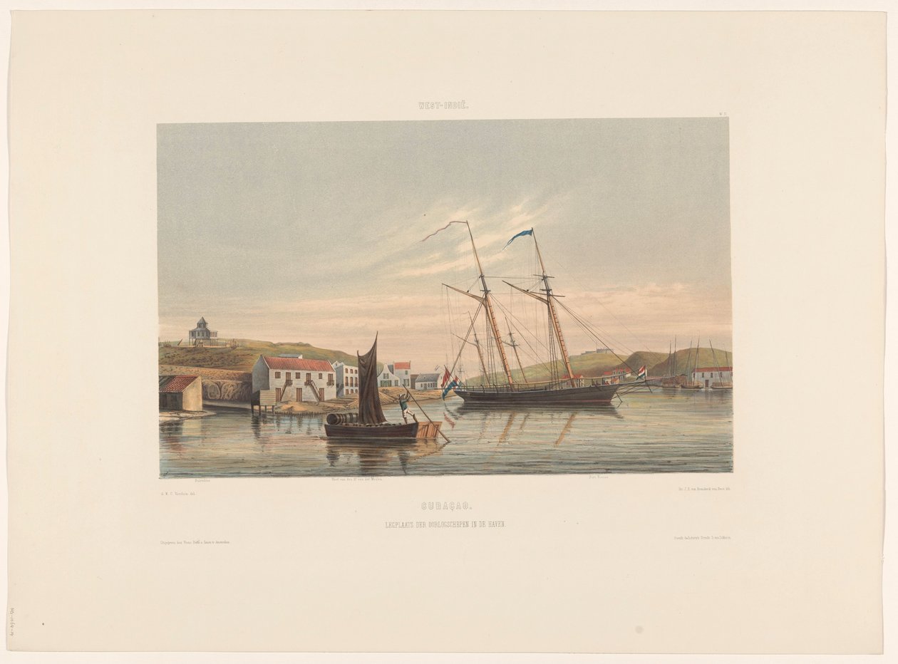 Port w Willemstad Curaçao. Miejsce cumowania okrętów wojennych w porcie (tytuł na obiekcie) autorstwa jonkheer Jacob Eduard van Heemskerck