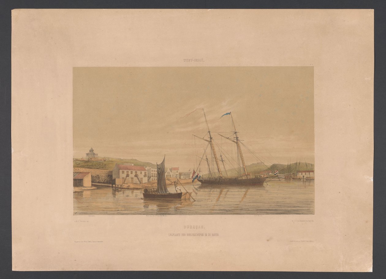 Port w Willemstad Curaçao. Miejsce cumowania okrętów wojennych w porcie (tytuł na obiekcie) Indie Zachodnie (tytuł serii na obiekcie) Widoki z holenderskich Indii Zachodnich (tytuł serii) autorstwa jonkheer Jacob Eduard van Heemskerck
