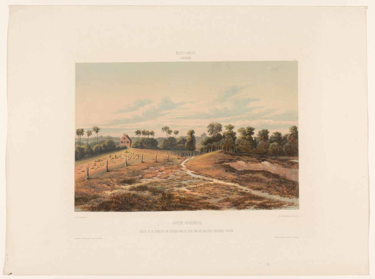 Sawanna żydowska Żydzi Savannah. Widok synagogi i cmentarza od strony kordonpadu wojskowego (tytuł na obiekcie) autorstwa jonkheer Jacob Eduard van Heemskerck