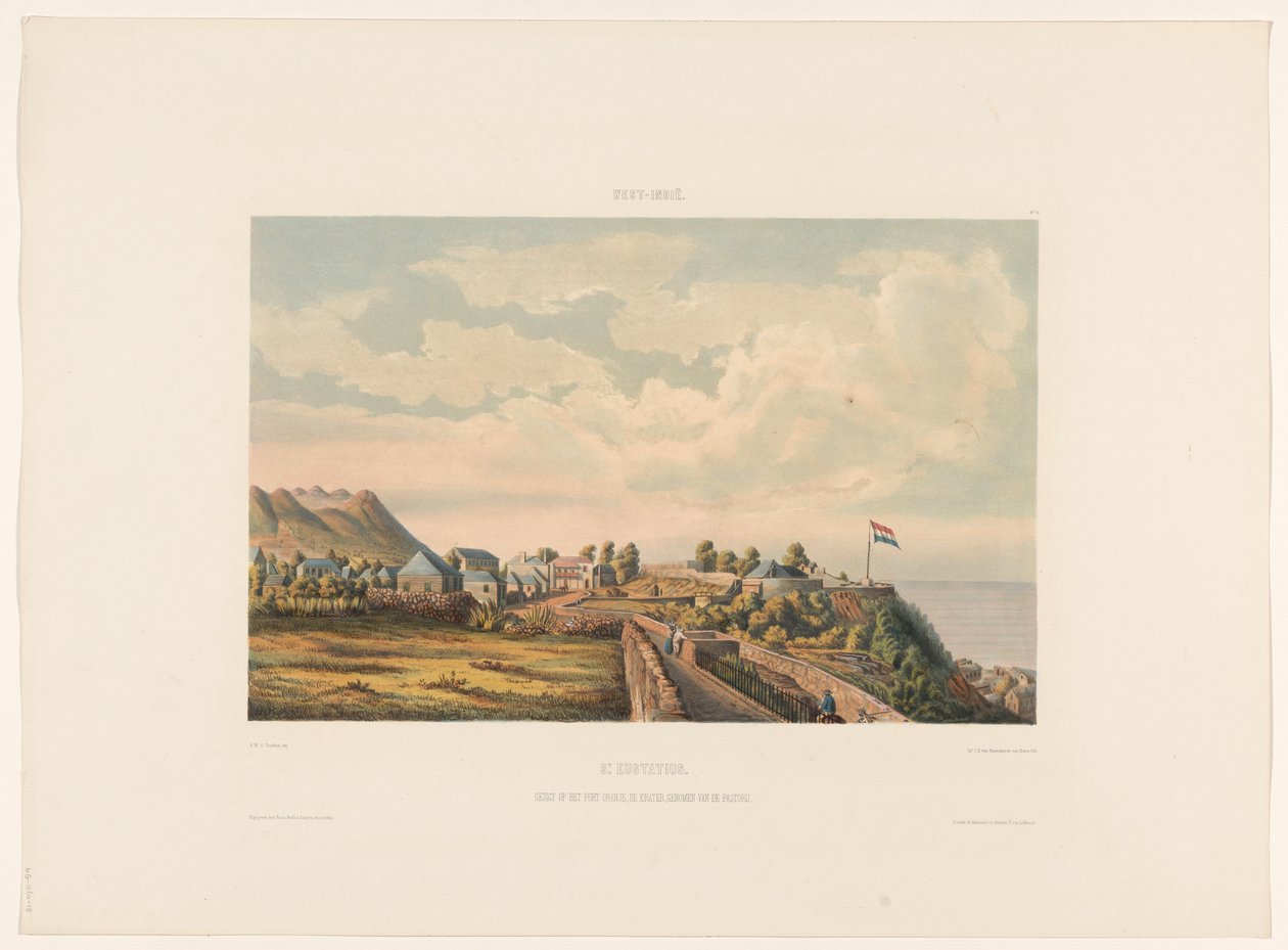 Św. Eustatius św. Eustatiusa. Widok fortu Oranje, krateru, zaczerpnięty z plebanii (tytuł na obiekcie) autorstwa jonkheer Jacob Eduard van Heemskerck