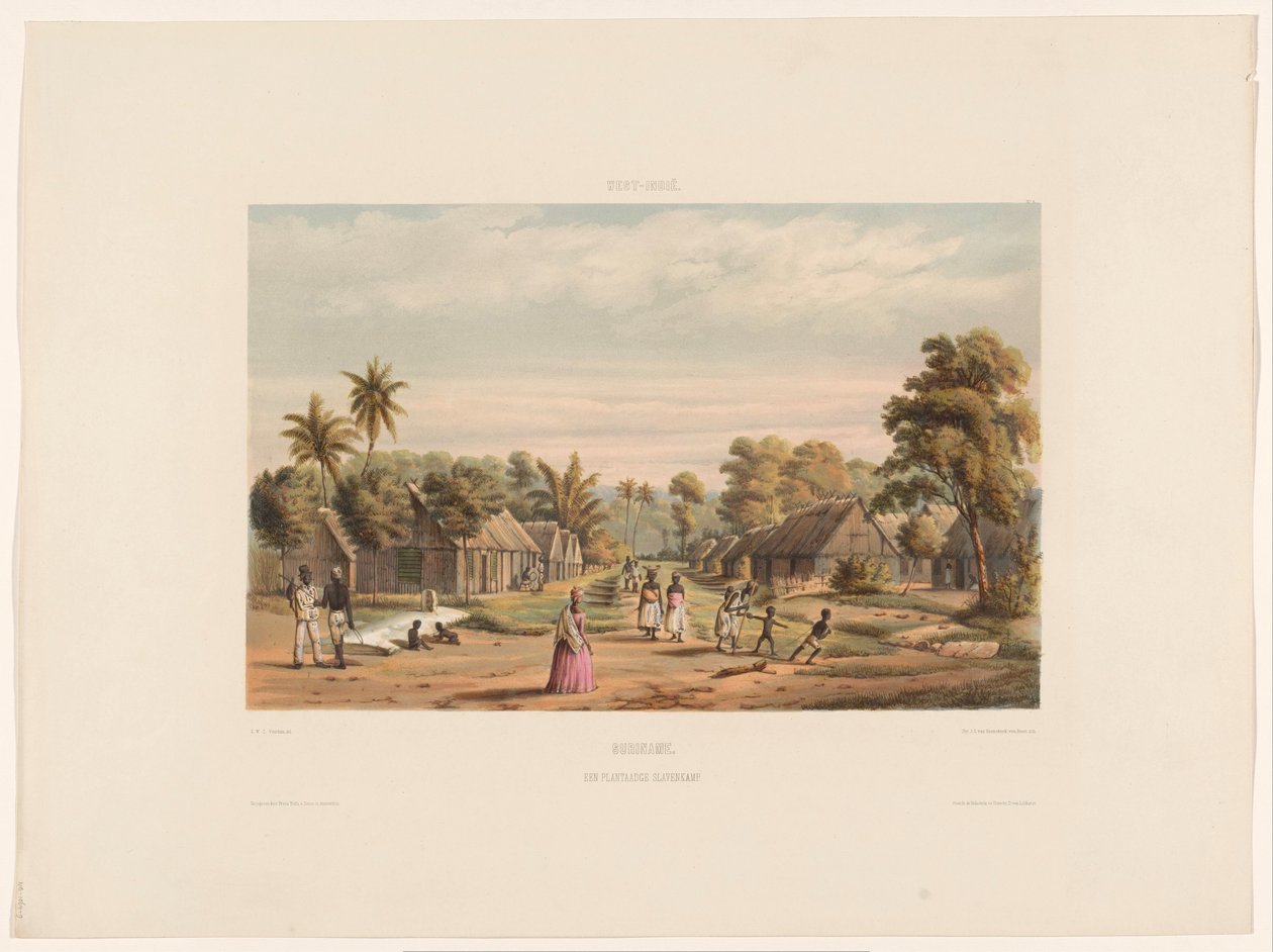 Kwatera niewolnicza na plantacji Obóz niewolników Surinam. Obóz niewolników na plantacji (tytuł na obiekcie) autorstwa jonkheer Jacob Eduard van Heemskerck
