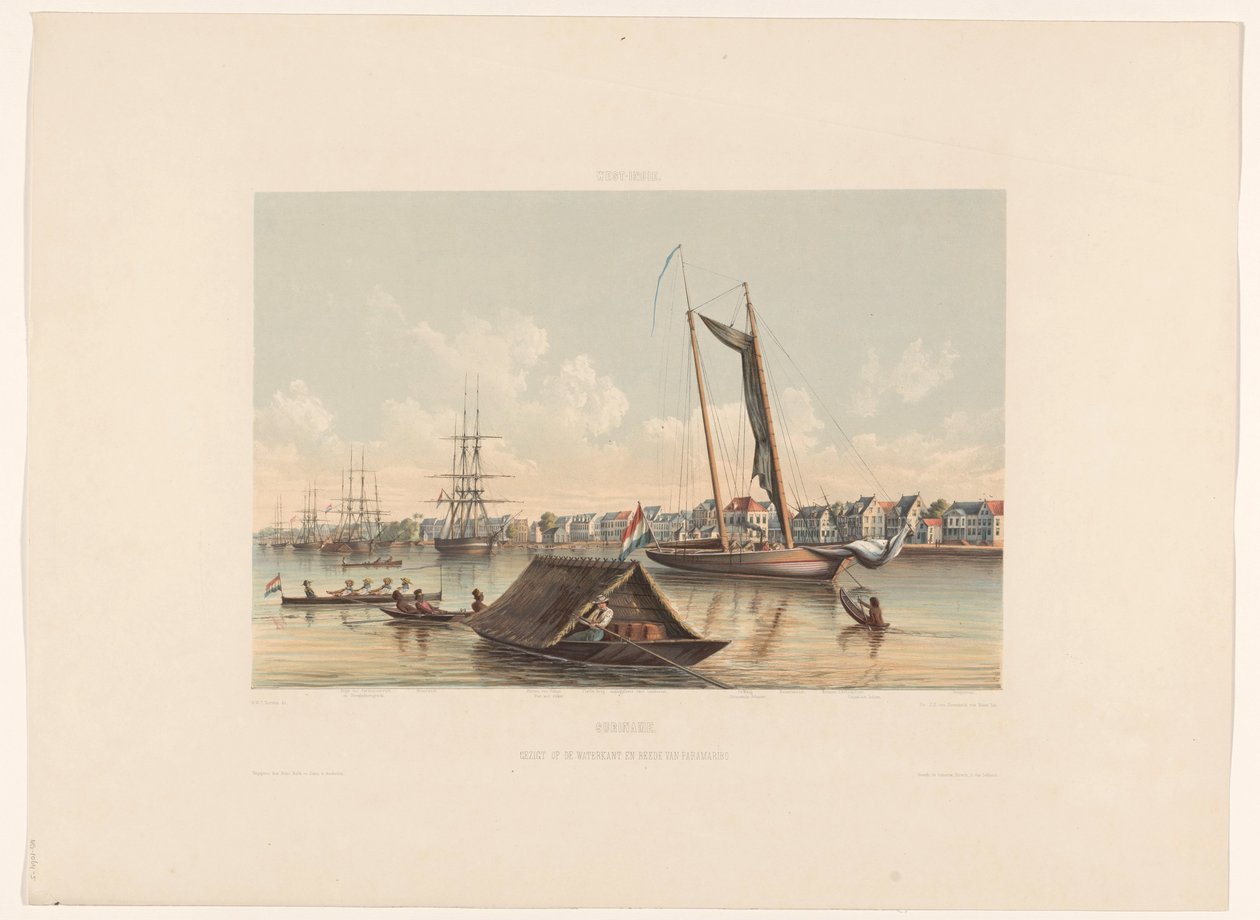 Nabrzeże i reda w Paramaribo Surinam. Widok na Waterkant i redę Paramaribo (tytuł na obiekcie) autorstwa jonkheer Jacob Eduard van Heemskerck