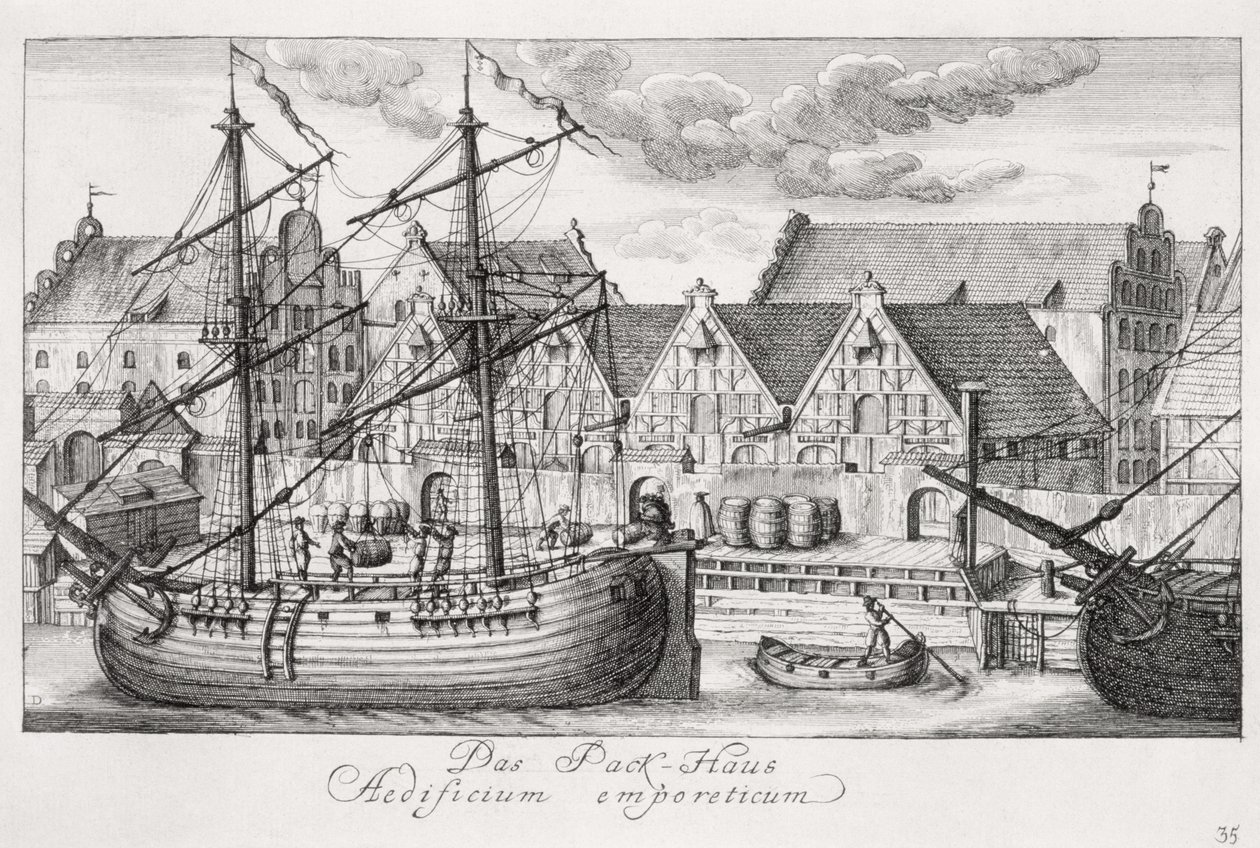 Załadunek na Wyspie Spichrzów, z „Pięćdziesięciu widoków Gdańska”, sztych. Matthaeus Deisch (1724-89) 1761-65 autorstwa Friedrich Anton Lohrmann or Lormann