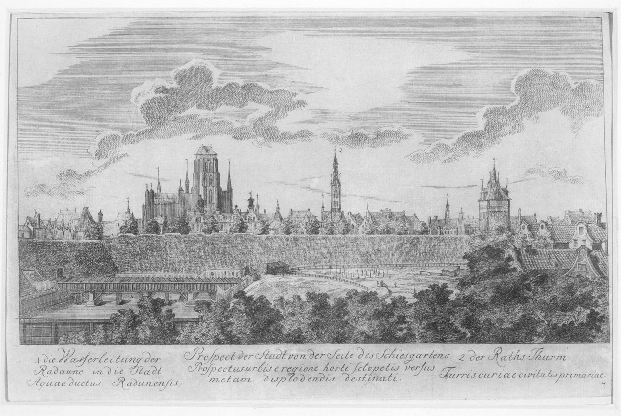 Widok Gdańska z murów obronnych, z „Pięćdziesięciu widoków Gdańska”, sztych. Matthaeus Deisch (1724-89) 1761-65 autorstwa Friedrich Anton Lohrmann or Lormann