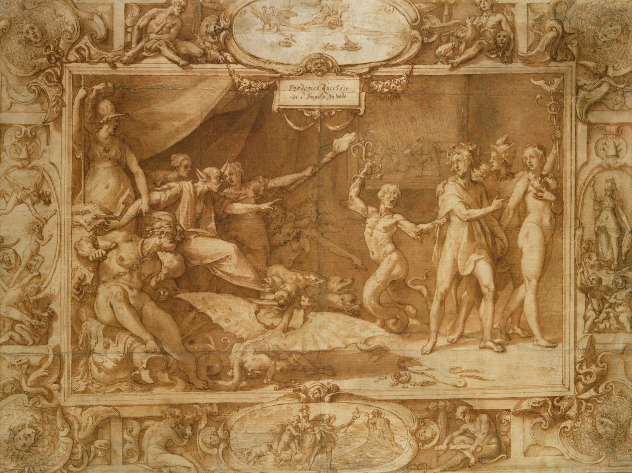 Kalumnia Apelles, 1572 (pióro i brązowy tusz i pranie na papierze) autorstwa Federico Zuccari or Zuccaro
