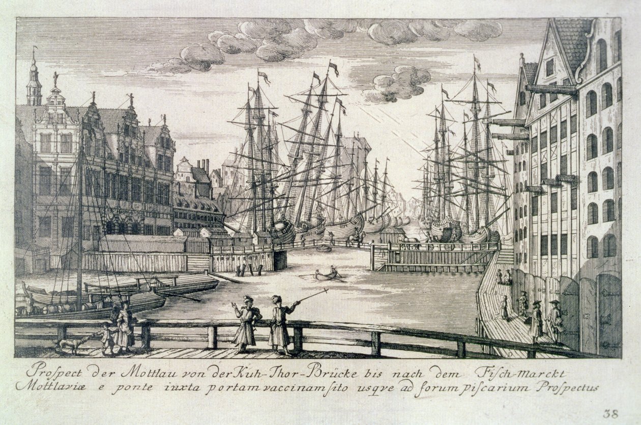 Widok Mołtawy z mostu Krowa, z „Pięćdziesięciu widoków Gdańska”, sztych. Mattheaus Deisch (1724-89) 1761-65 (akwaforta) autorstwa or Lormann Friedrich Anton (after) Lohrmann