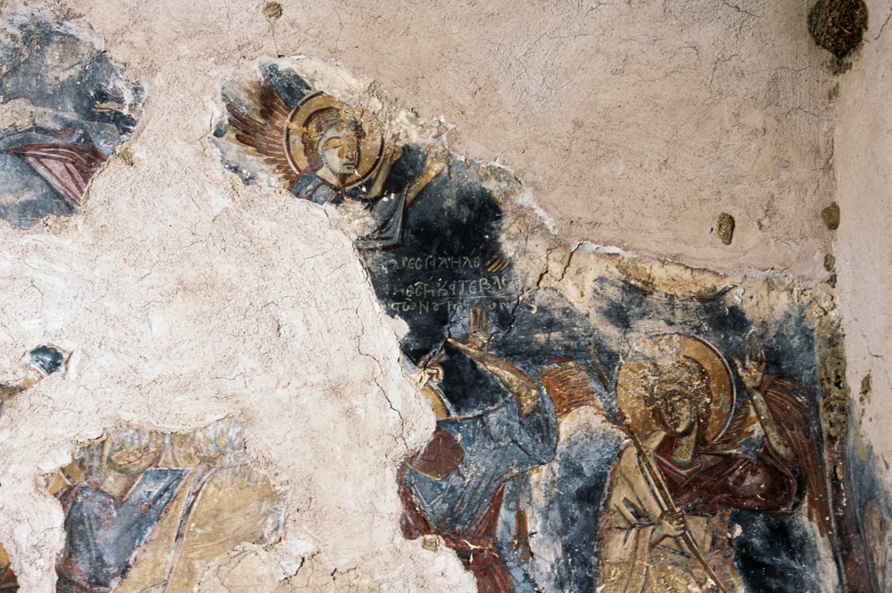 Anioł i święty, fragment fresku w kościele Agios Georgios Apodoulou, Apodoulou, Kreta, Grecja (zdjęcie) autorstwa Theodore Charles Ange Coquelin