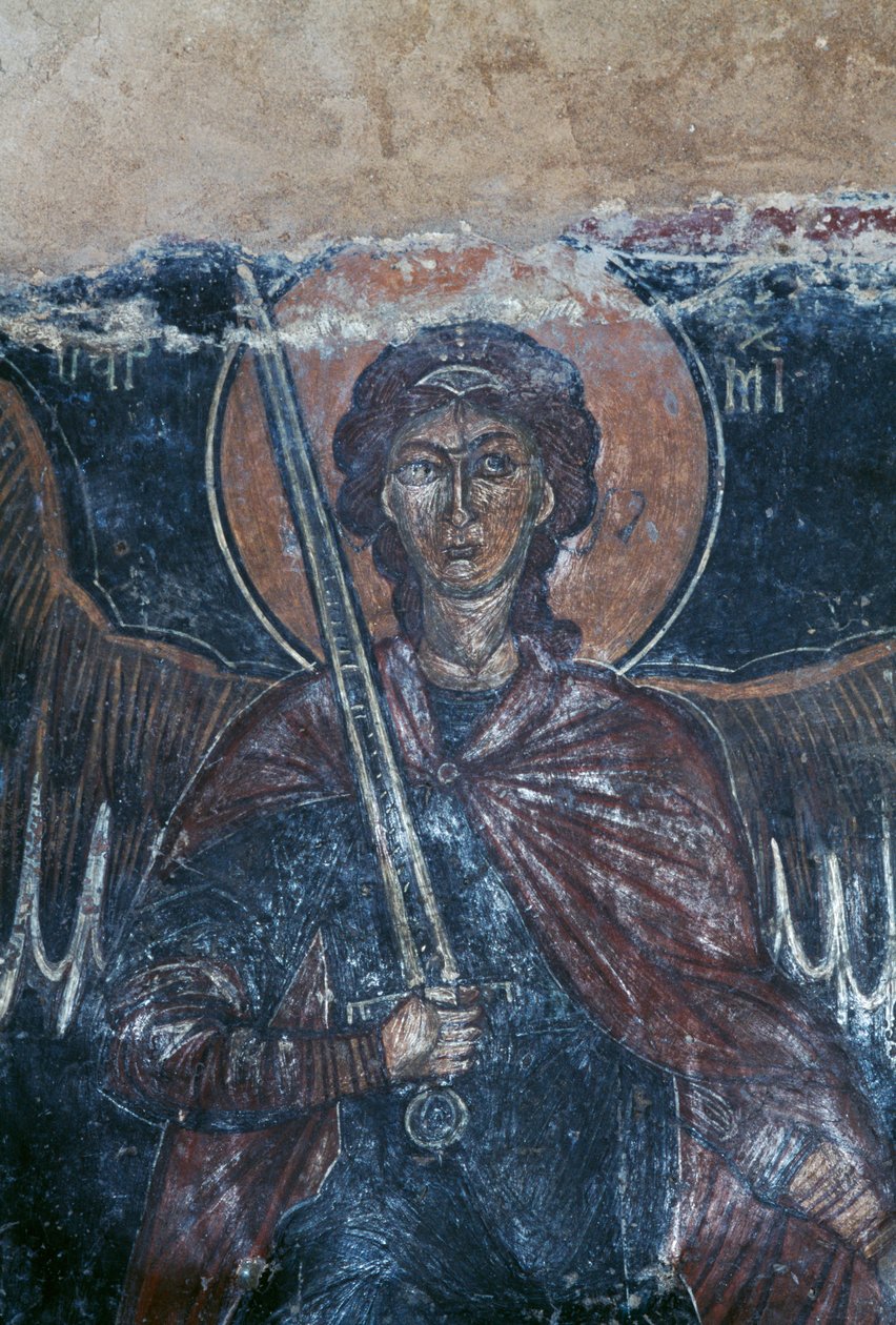 Anioł trzymający miecz, fresk w bizantyjskim kościele św. Jerzego, Komitades, Kreta, Grecja (zdjęcie) autorstwa Theodore Charles Ange Coquelin