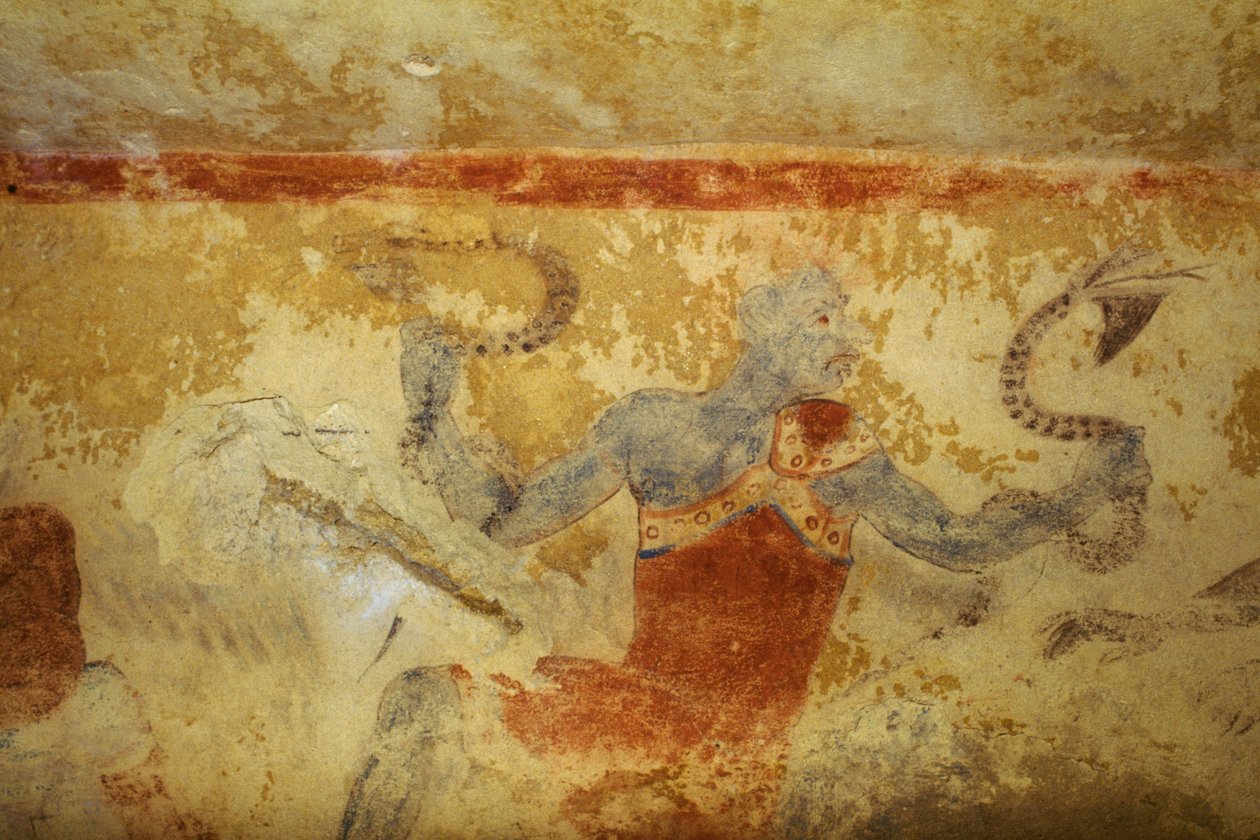 Błękitny Demon z wężami, fresk, Grób Błękitnych Demonów, Nekropolia Tarquinia (Lista Światowego Dziedzictwa UNESCO, 2004), Lacjum, Włochy. Cywilizacja etruska, V wiek p.n.e. (zdjęcie) autorstwa Theodore Charles Ange Coquelin