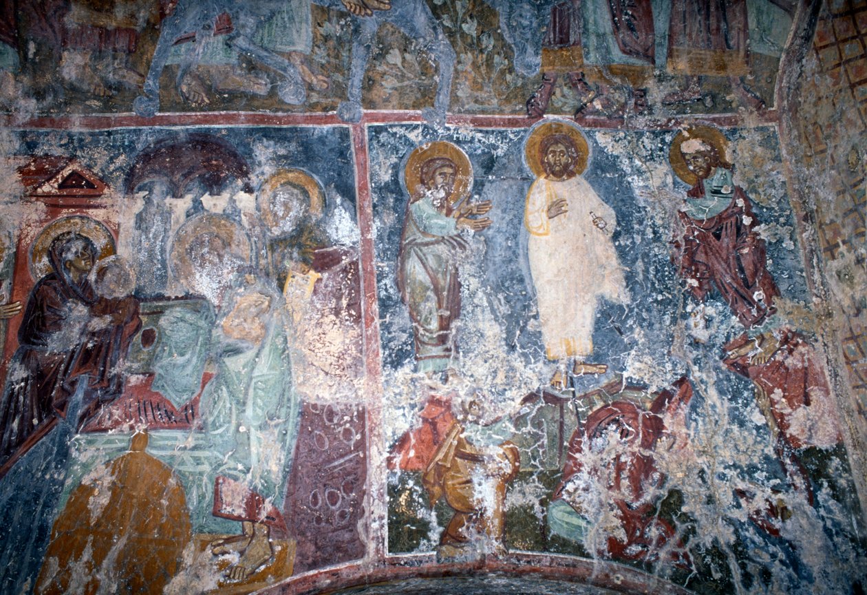 Chrystus i święci, fresk w bizantyjskim kościele Sotiras Christos, Vlithias, Kreta, Grecja (zdjęcie) autorstwa Theodore Charles Ange Coquelin