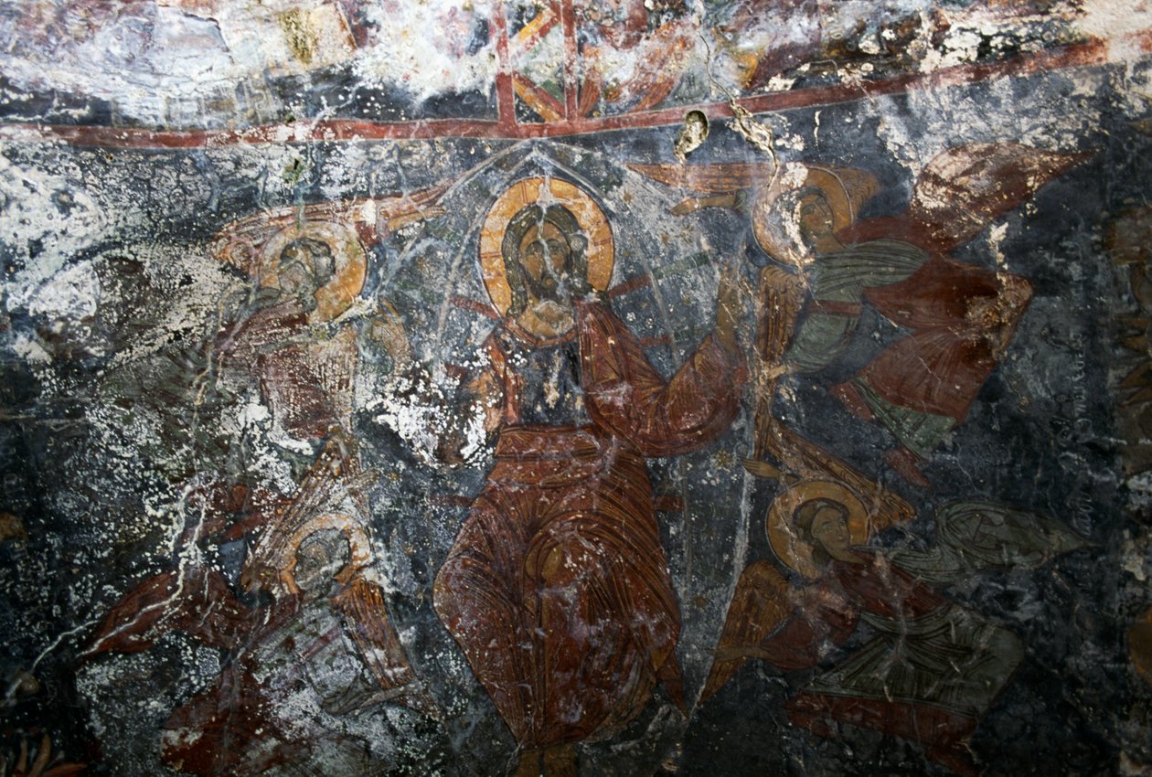 Chrystus z aniołami i świętym, fresk w kościele Panagia, Kitiros, Kreta, Grecja (zdjęcie) autorstwa Theodore Charles Ange Coquelin