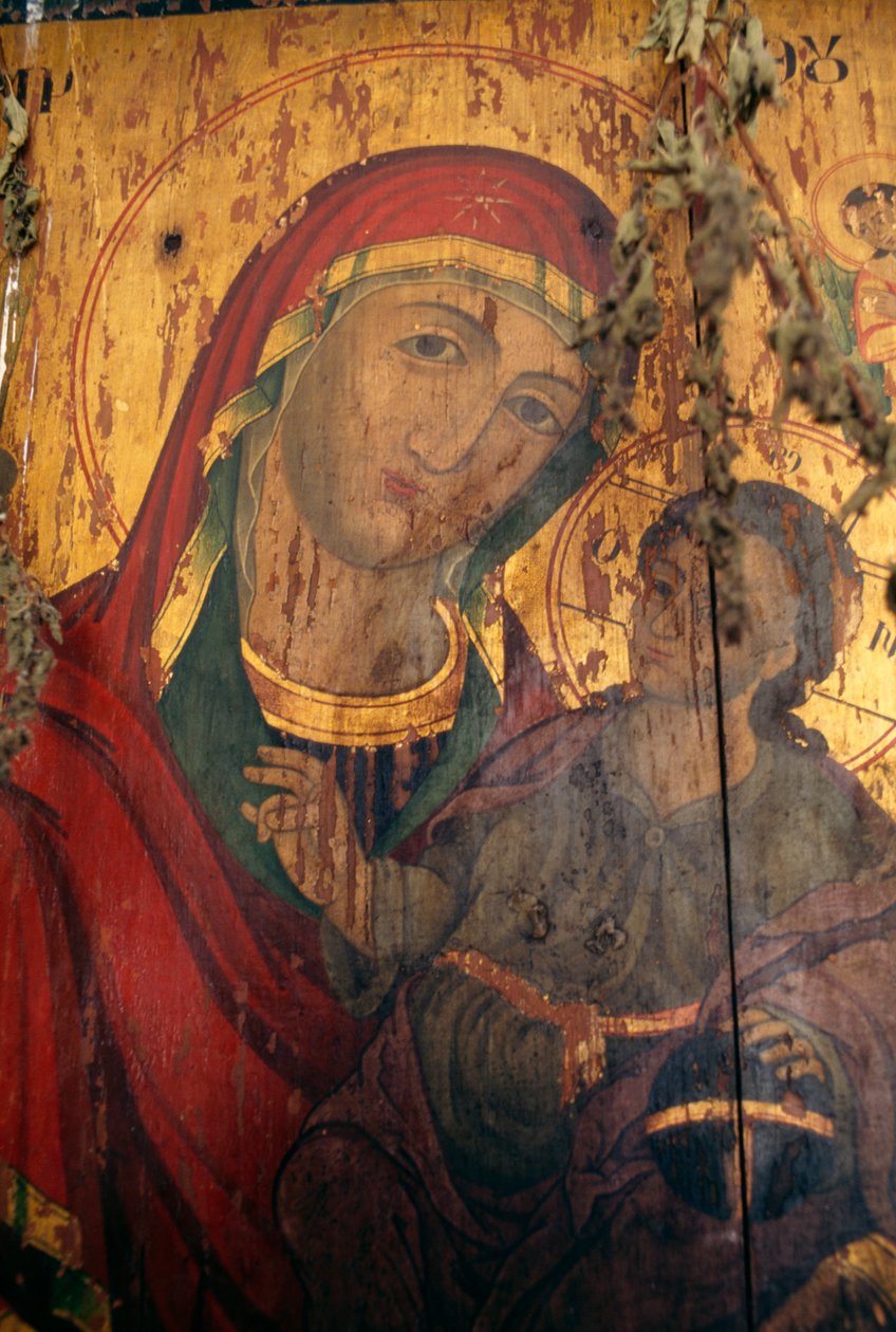 Madonna z dzieckiem malowana na drewnie w kościele Agios Antonios, Kavousi, Kreta, Grecja (zdjęcie) autorstwa Theodore Charles Ange Coquelin