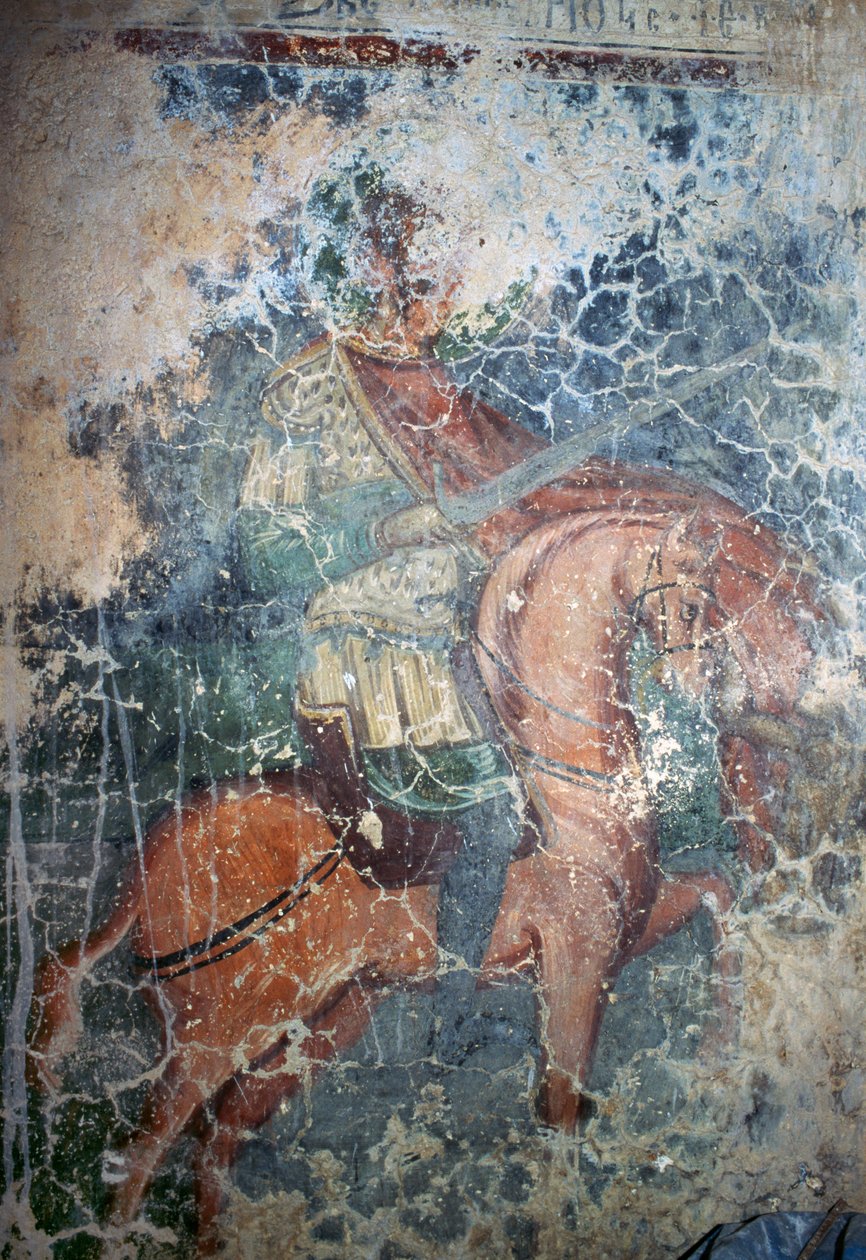 Mężczyzna na koniu z mieczem, fresk w bizantyjskim kościele Agios Athanasios, Kefali, Kreta, Grecja (zdjęcie) autorstwa Theodore Charles Ange Coquelin