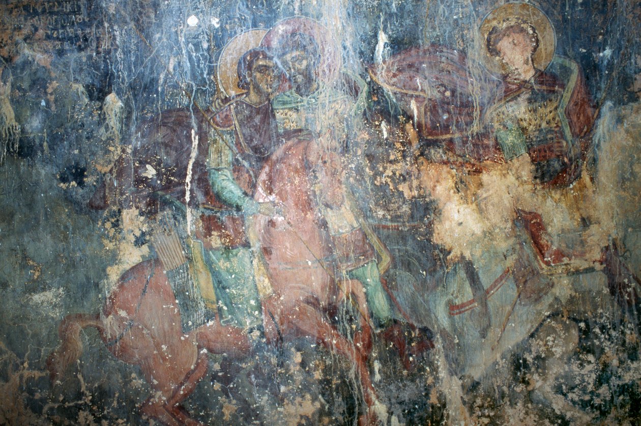 Święci na koniu, fresk w bizantyjskim kościele Agios Athanasios, Kefali, Kreta, Grecja (zdjęcie) autorstwa Theodore Charles Ange Coquelin