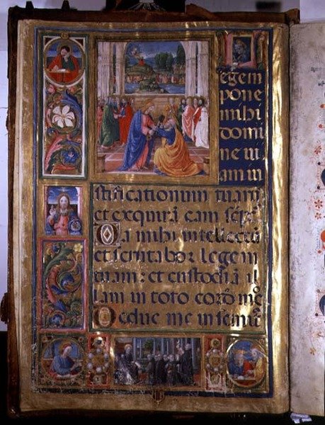 Ms 542 f.3v Strona przedstawiająca Chrystusa dającego klucze św. Piotrowi, z psałterza napisanego przez Don Appiano z kościoła Badia Fiorentine we Florencji autorstwa or di Giovanni Monte del Fora