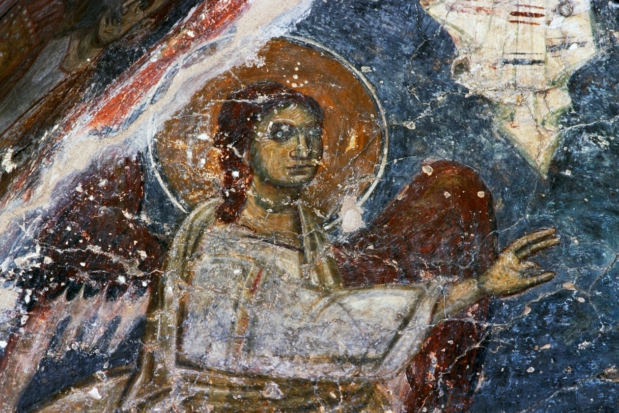 Anioł, fresk w bizantyjskim kościele Agios Georgios Sfakiotis, Diavaide, Kreta, Grecja (zdjęcie) autorstwa Unbekannt Unbekannt