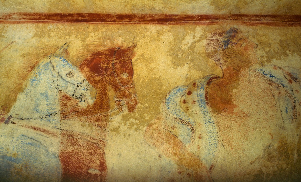 Kondukt żałobny z końmi i postaciami męskimi, fresk, detal, Grób Błękitnych Demonów, Nekropolia Tarquinia (Lista Światowego Dziedzictwa UNESCO, 2004), Lacjum, Włochy. Cywilizacja etruska, V wiek p.n.e. (zdjęcie) autorstwa Unbekannt Unbekannt