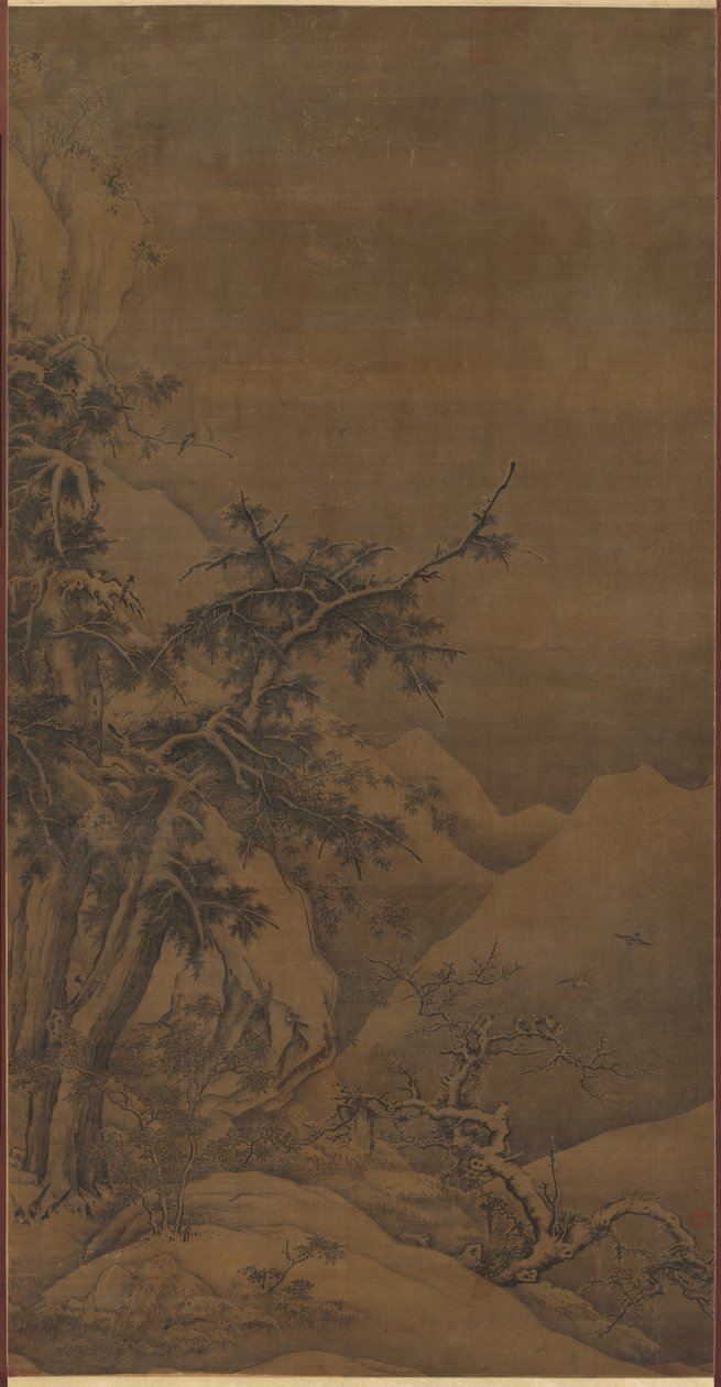 Ptaki w zagajniku w górzystym zimowym krajobrazie autorstwa possibly by Gao Tao