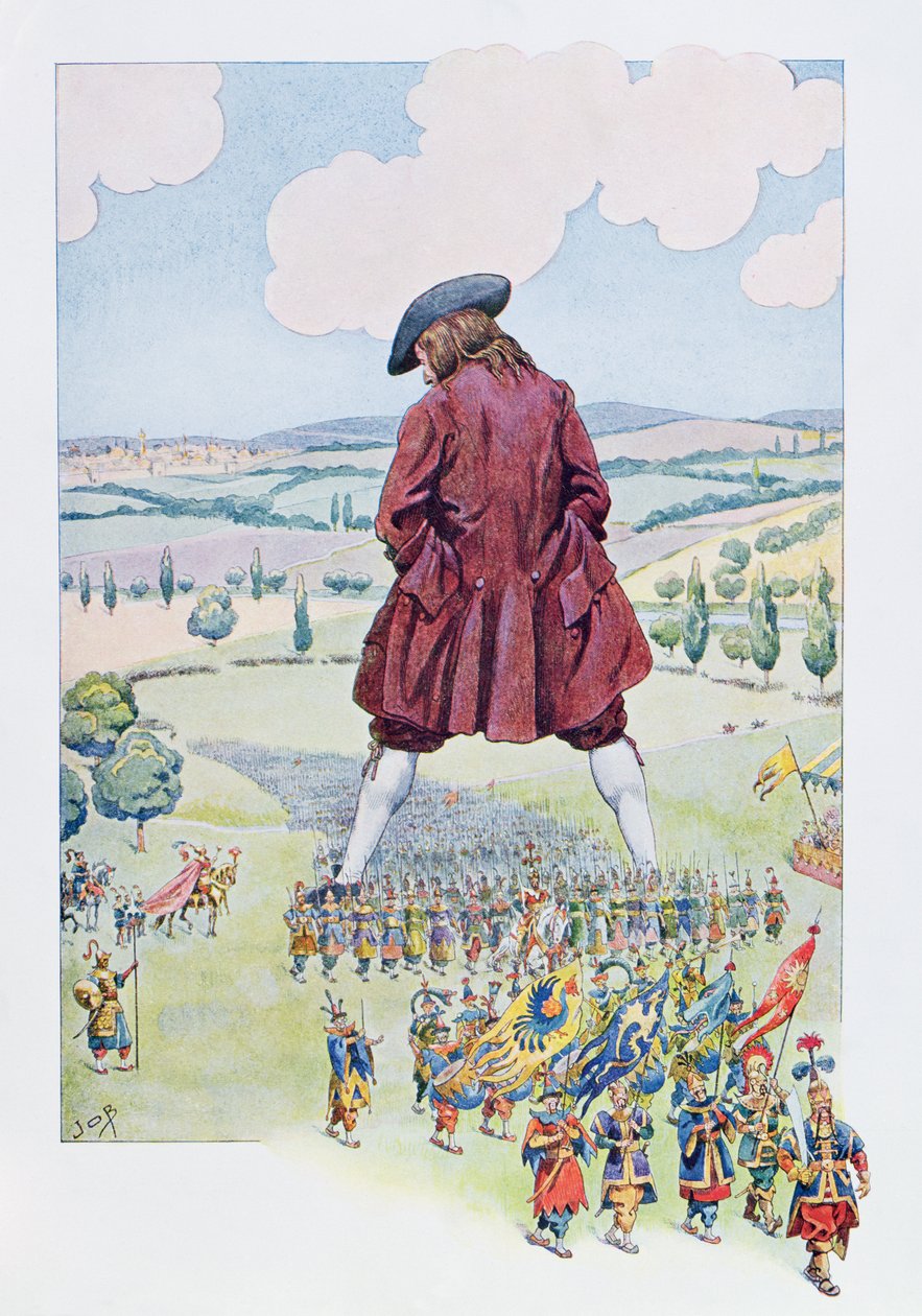 Guliwer przeprowadza inspekcję armii liliputowskiej, ilustracja z francuskiego wydania „Podróży Guliwera”, ok. 1900 autorstwa Jacques Marie Gaston Onfray de Breville (Job)