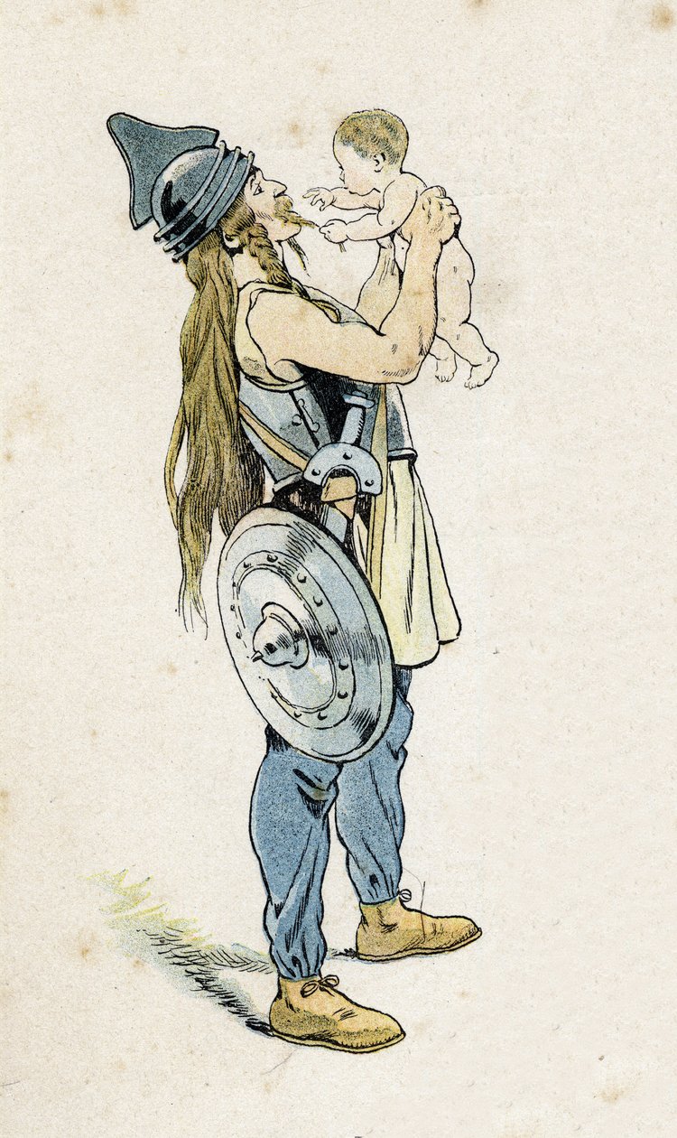 Galijski wojownik ze swoim dzieckiem. w „”Francja, jego historia opowiedziana przez G. Montorgueila, zobrazowana przez Hioba””” 1896. Zbiory prywatne. autorstwa pseudonym for Onfray de Breville Jacques Job