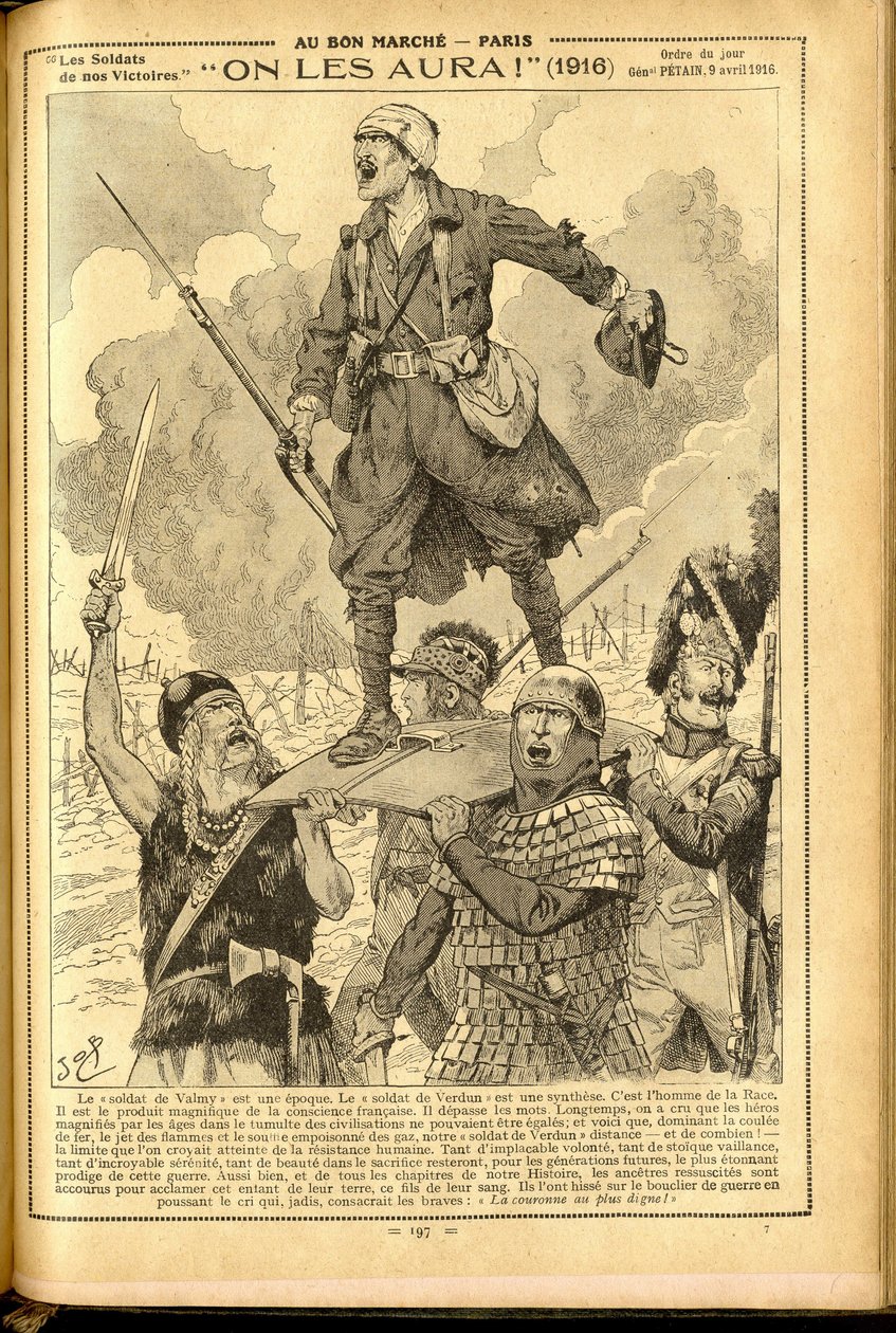 Agenda Buvard du Bon Marche 1917 - Ilustracja Joba (Jacques Marie (Jacques-Marie) Gaston Onfray i Breville) (1858-1931): Będziemy ich mieć! 1916 - Wojna 14-18, Medycyna, Medycyna, Zdrowie, Mundury, Główne Bitwy, Zbroja - Żołnierze, Galowie - Historyczne M autorstwa pseudonym for Onfray de Breville Jacques Job