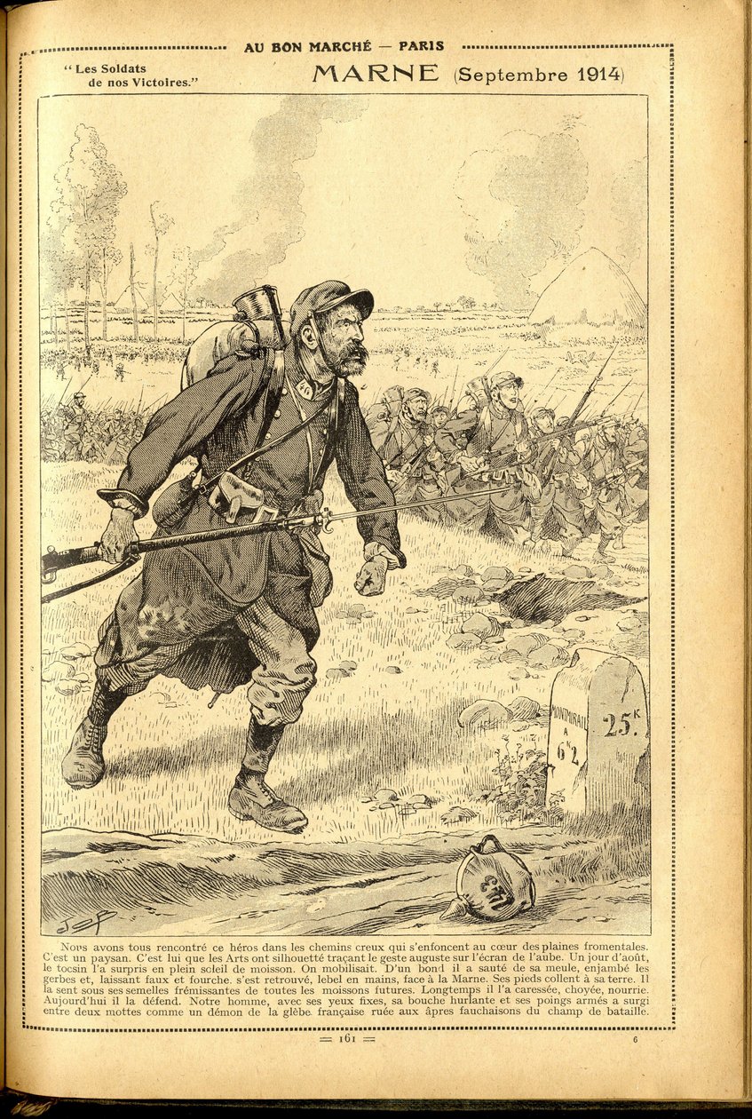 Dziennik Buvard du Bon Marche 1917 - Ilustracja Hioba (Jacques Marie (Jacques-Marie) Gaston Onfray i Breville) (1858-1931): Marna Wrzesień 1914 - Wojna 14-18, Marna, Wielkie Bitwy, Bitwa pod Marną - Żołnierze autorstwa pseudonym for Onfray de Breville Jacques Job