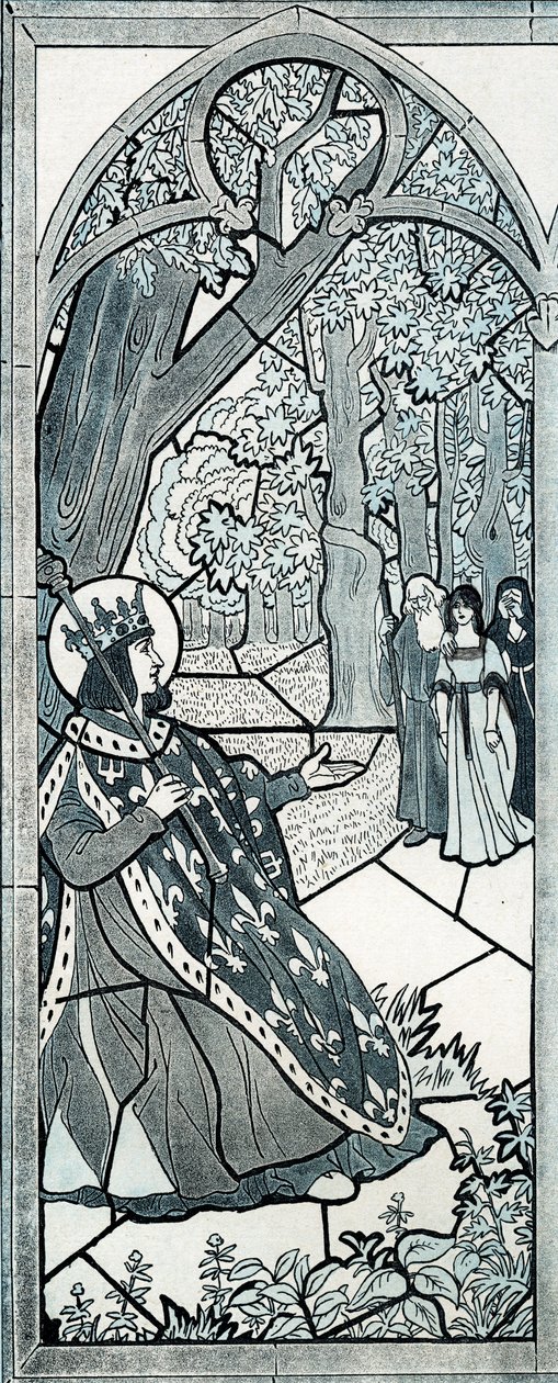 Ktoś, kto tu wyjechał? słowa Ludwika IX dit Saint Louis (1214-1270), który wymierzał sprawiedliwość u stóp dębu, aby zachęcić ludność do zgłaszania skarg. Ilustracja Joba (Jacques Marie Gaston Onfray i Breville) (Jacques-Marie) (1858-1931) autorstwa pseudonym for Onfray de Breville Jacques Job