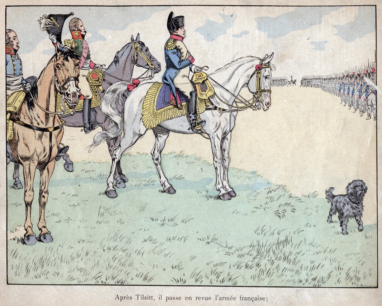 Apres Tilsit - Napoleon przeglądający armię francuską po podpisaniu traktatów z Tilsit, 7 lipca 1807 - litografia Hioba (Jacques Onfroy de Breville) z „”Le Grand Napoleon des Petites Enfants””” 1893 autorstwa pseudonym for Onfray de Breville Jacques Job