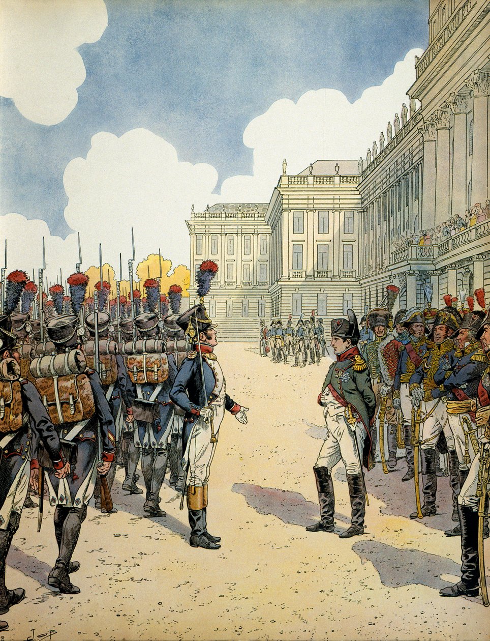W Schoebrunn Napoleon I Bonaparte (1769-1821) dokonał przeglądu wojsk przed bitwą pod Wagram 5 i 6 lipca autorstwa pseudonym for Onfray de Breville Jacques Job