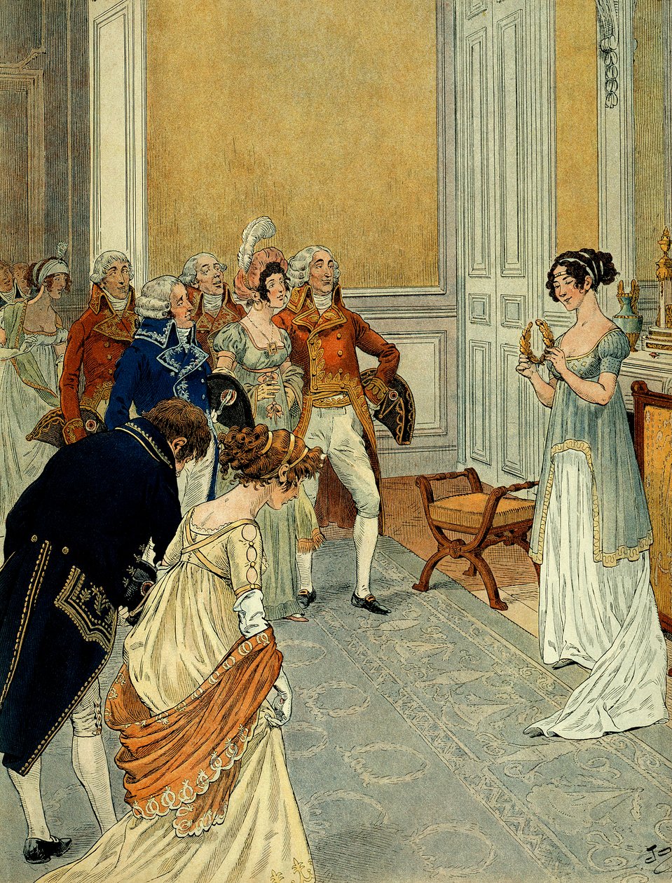 W Tuileries ministrowie, dyplomaci i radni stanu opuszczający konsulów, którzy ogłosili zwycięstwo Marengo (pierwsza kampania włoska (1796-1797) przyszli pogratulować Josephine de Beauharnais (1763-1814), trzyma ona wieniec laurowy separat autorstwa pseudonym for Onfray de Breville Jacques Job