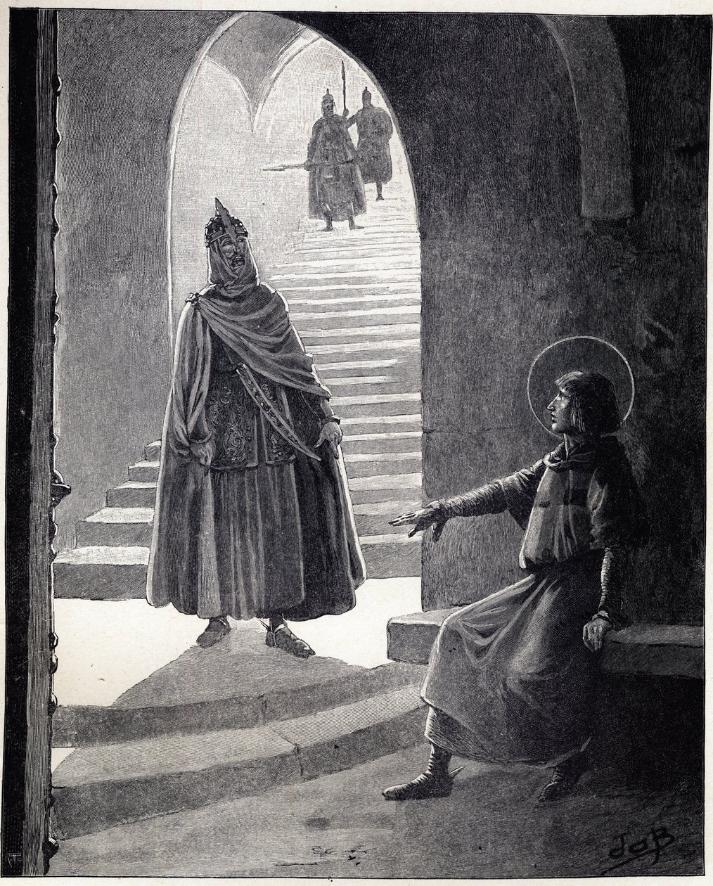 Bądź chrześcijaninem, uczynię cię rycerzem słowa Ludwika IX powiedział Święty Ludwik (1214-1270) do wodza gryki, który wszedł do więzienia, aby zostać rycerzem. Ilustracja Joba (Jacques Marie Gaston Onfray i Breville) (Jacques-Marie) (1858-1931) na t autorstwa pseudonym for Onfray de Breville Jacques Job